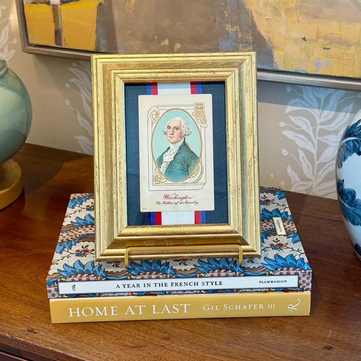 Antique George Washington Father Of Our Country Postcard on Dark Blue Chambray with Red White Blue Ribbon in Gold Frame