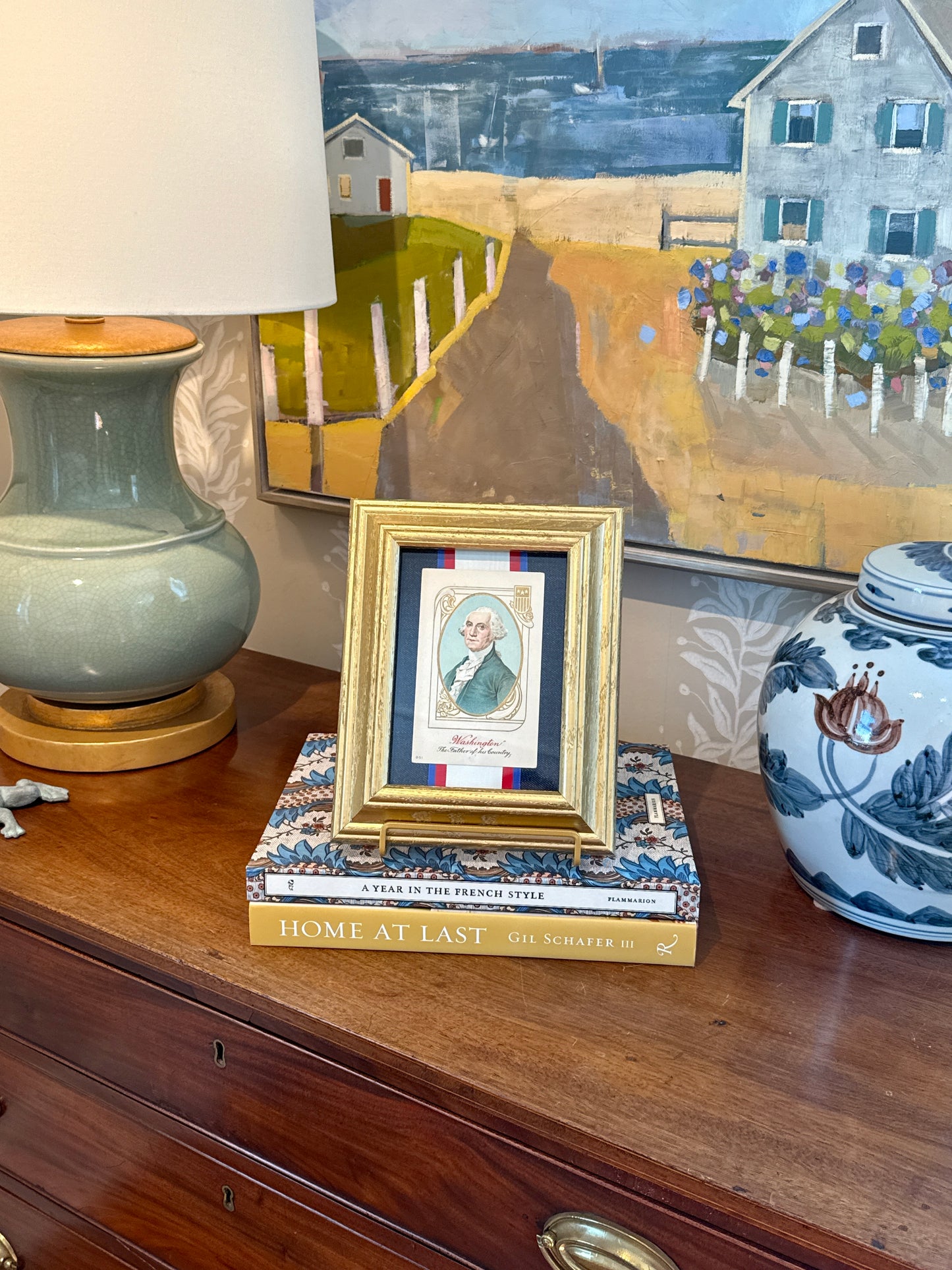 Antique George Washington Father Of Our Country Postcard on Dark Blue Chambray with Red White Blue Ribbon in Gold Frame