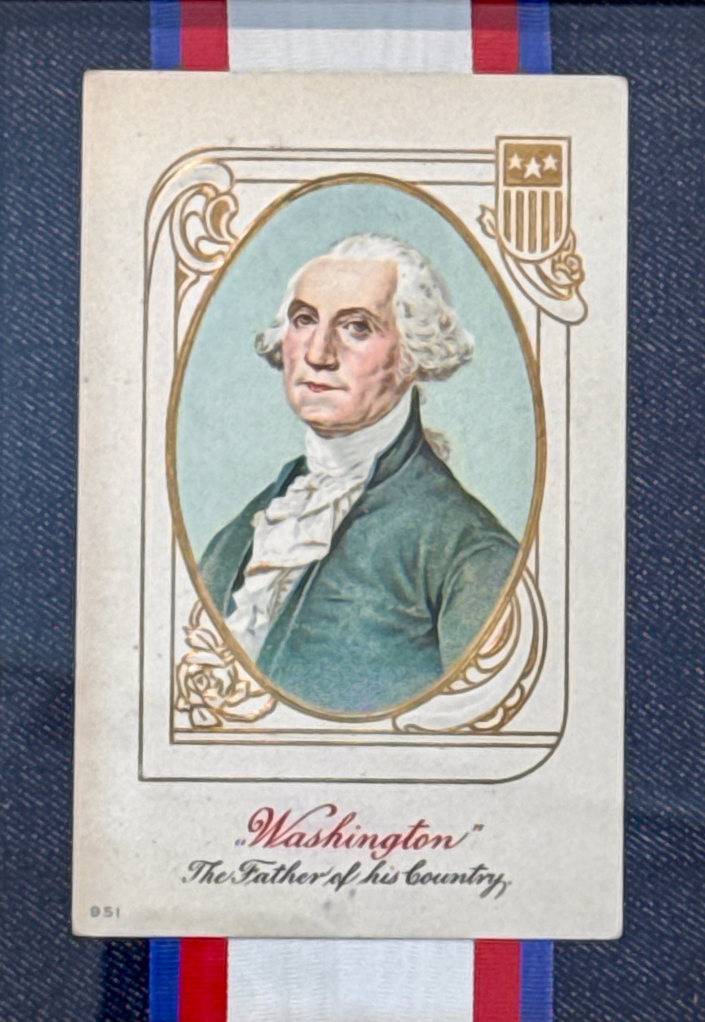 Antique George Washington Father Of Our Country Postcard on Dark Blue Chambray with Red White Blue Ribbon in Gold Frame