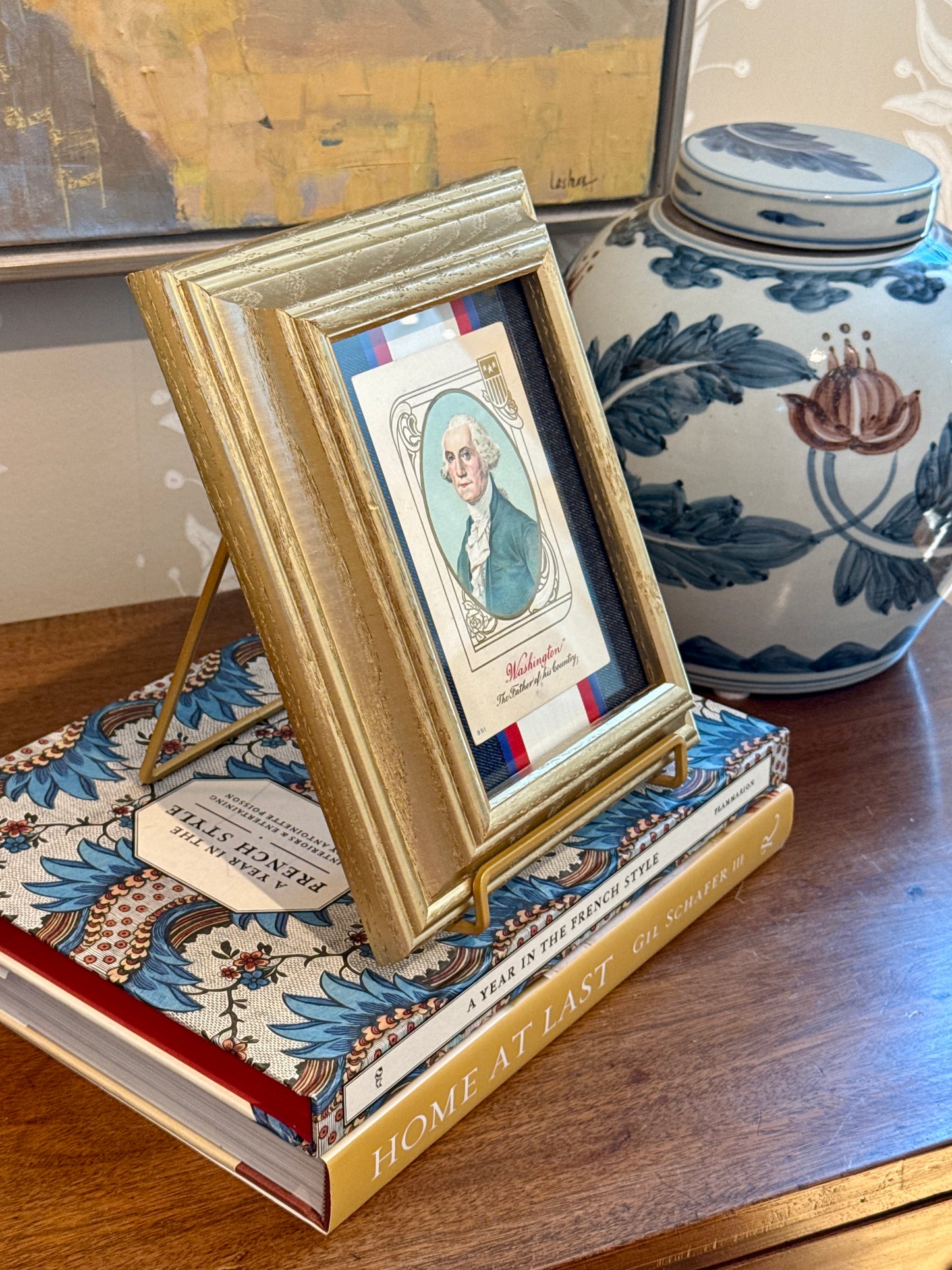 Antique George Washington Father Of Our Country Postcard on Dark Blue Chambray with Red White Blue Ribbon in Gold Frame