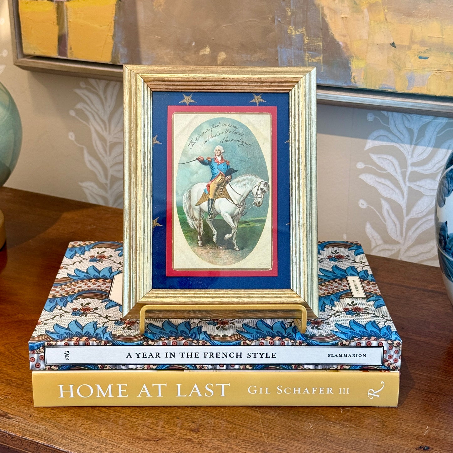 Antique George Washington Postcard on Blue Gold Star Fabric in Gold Frame