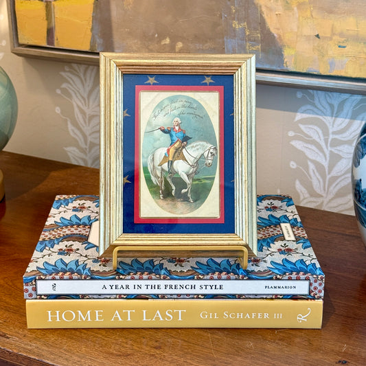 Antique George Washington Postcard on Blue Gold Star Fabric in Gold Frame