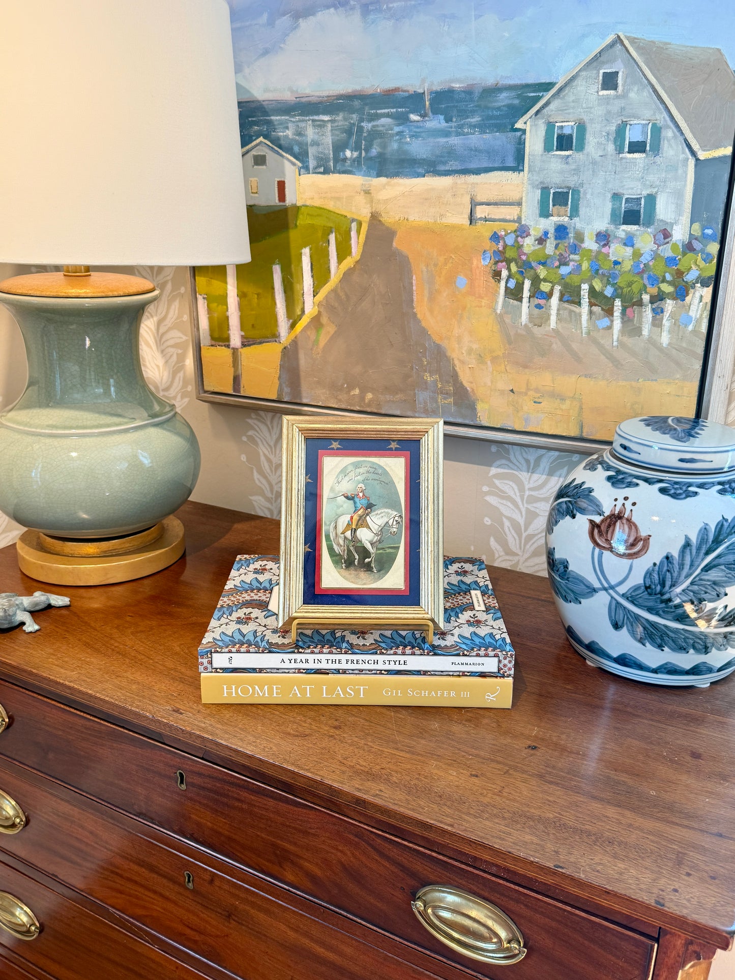 Antique George Washington Postcard on Blue Gold Star Fabric in Gold Frame