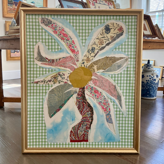 Vintage Liberty of London Fabric Sunflower Portrait on Light Green Gingham in Gold Frame