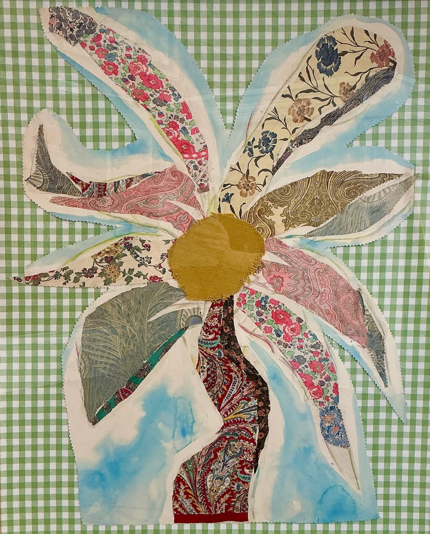 Vintage Liberty of London Fabric Sunflower Portrait on Light Green Gingham in Gold Frame