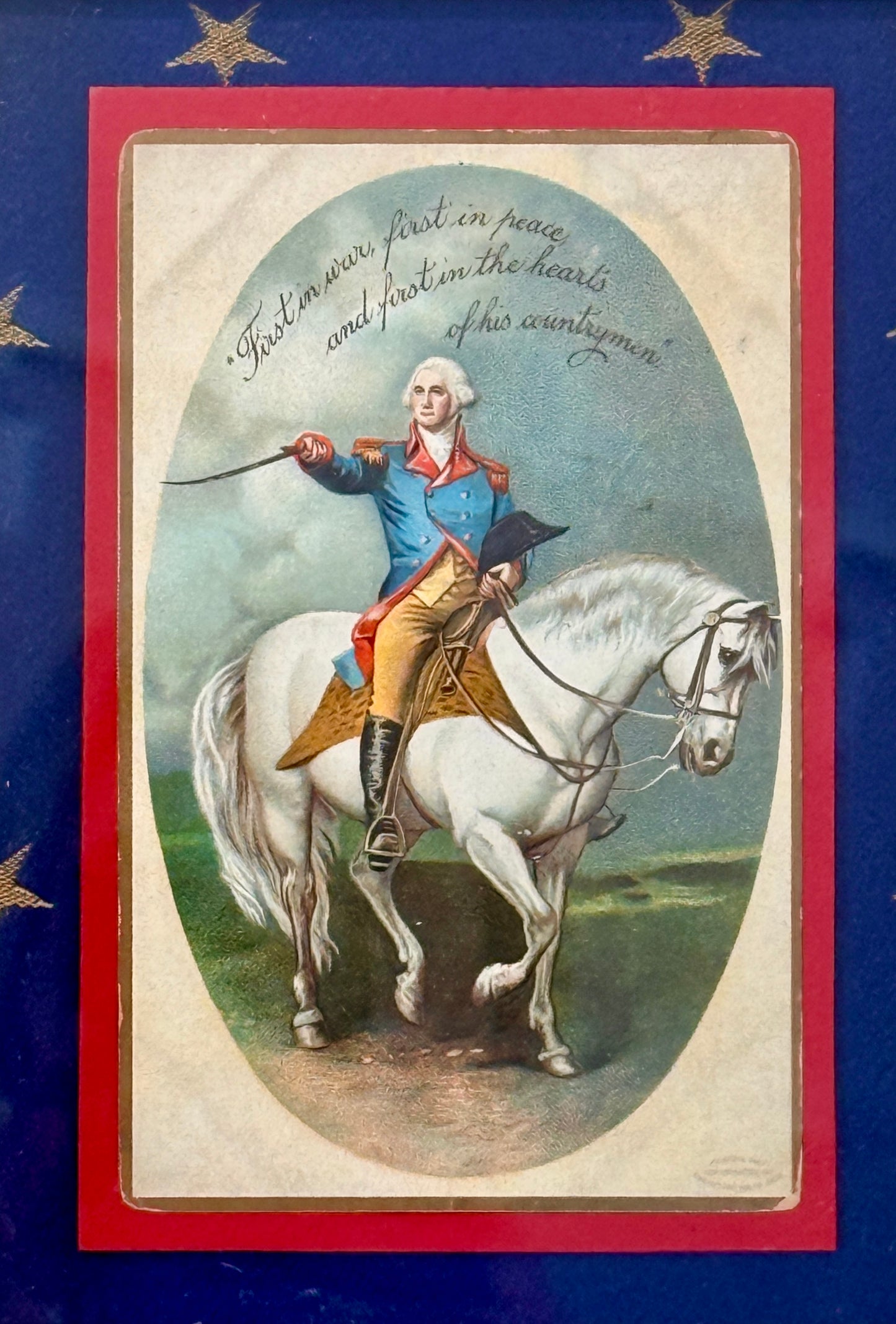 Antique George Washington Postcard on Blue Gold Star Fabric in Gold Frame