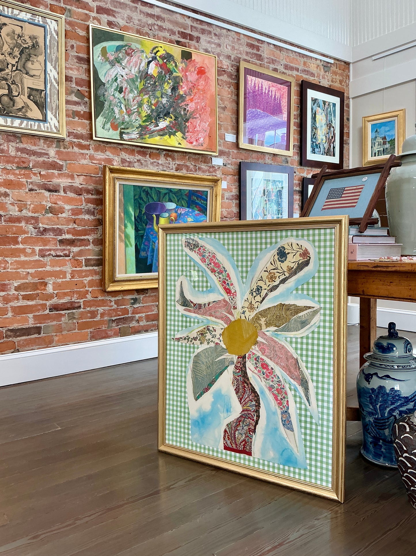 Vintage Liberty of London Fabric Sunflower Portrait on Light Green Gingham in Gold Frame