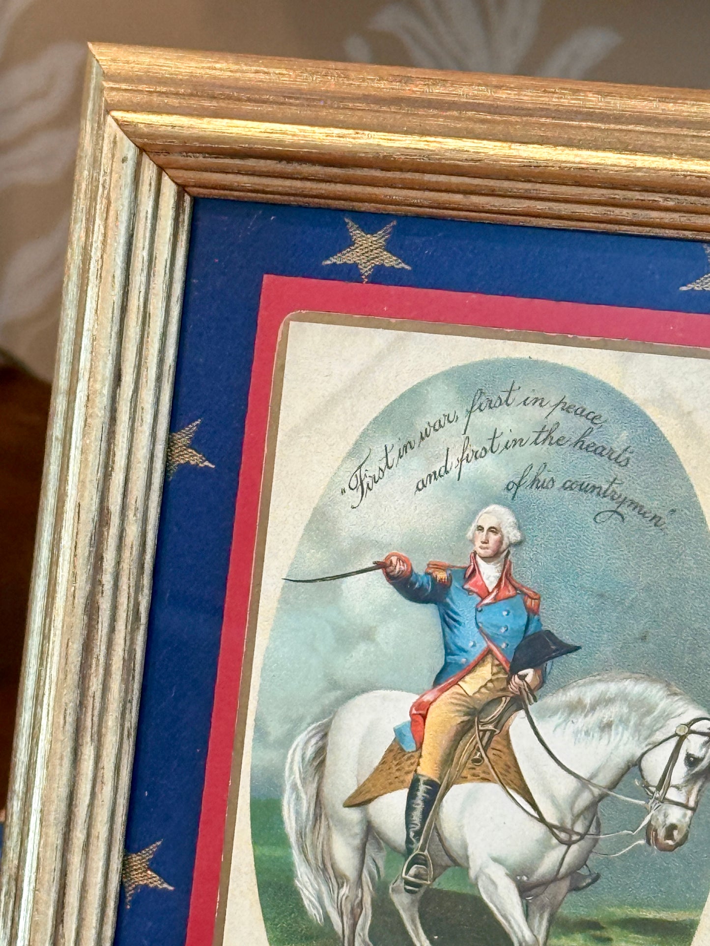 Antique George Washington Postcard on Blue Gold Star Fabric in Gold Frame