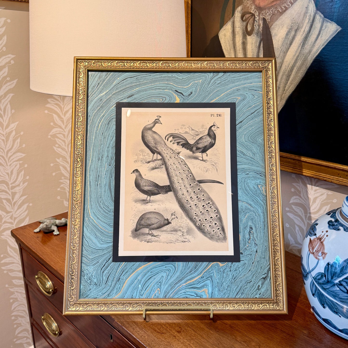 19th Century Peacock Engraving on Hand Marbled Paper in Vintage Gold Frame