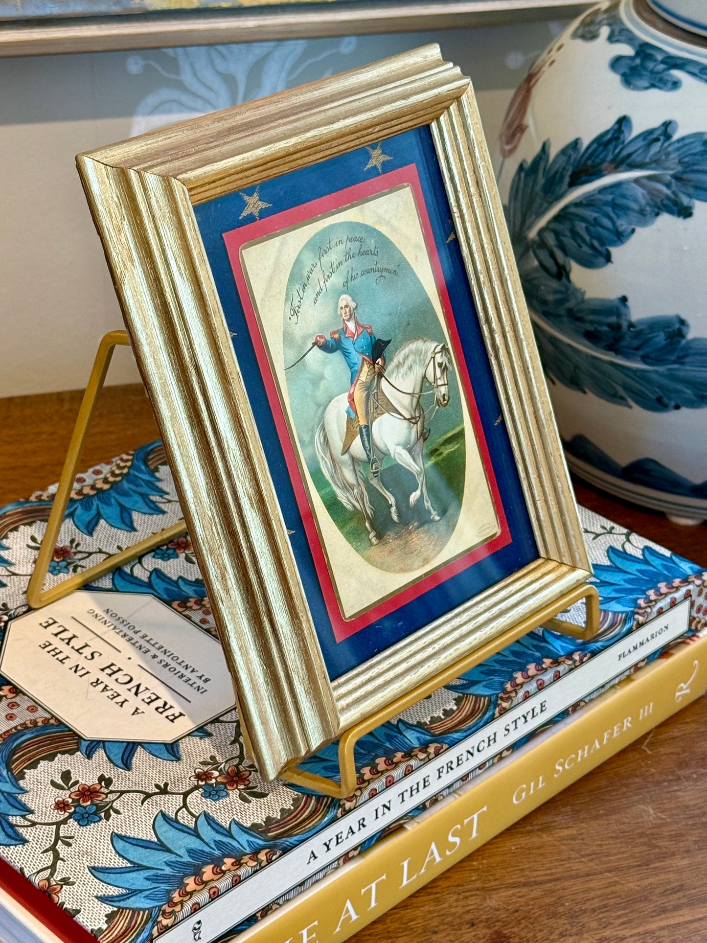 Antique George Washington Postcard on Blue Gold Star Fabric in Gold Frame