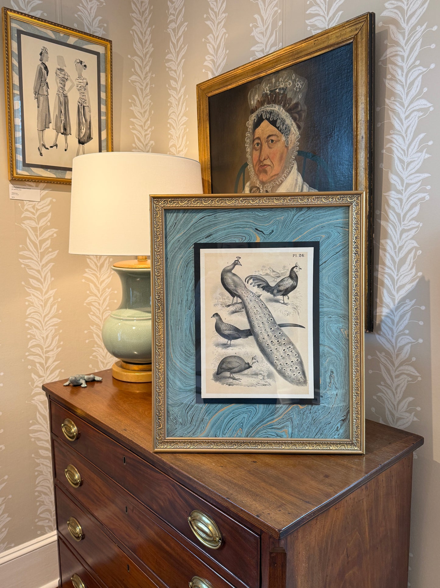 19th Century Peacock Engraving on Hand Marbled Paper in Vintage Gold Frame