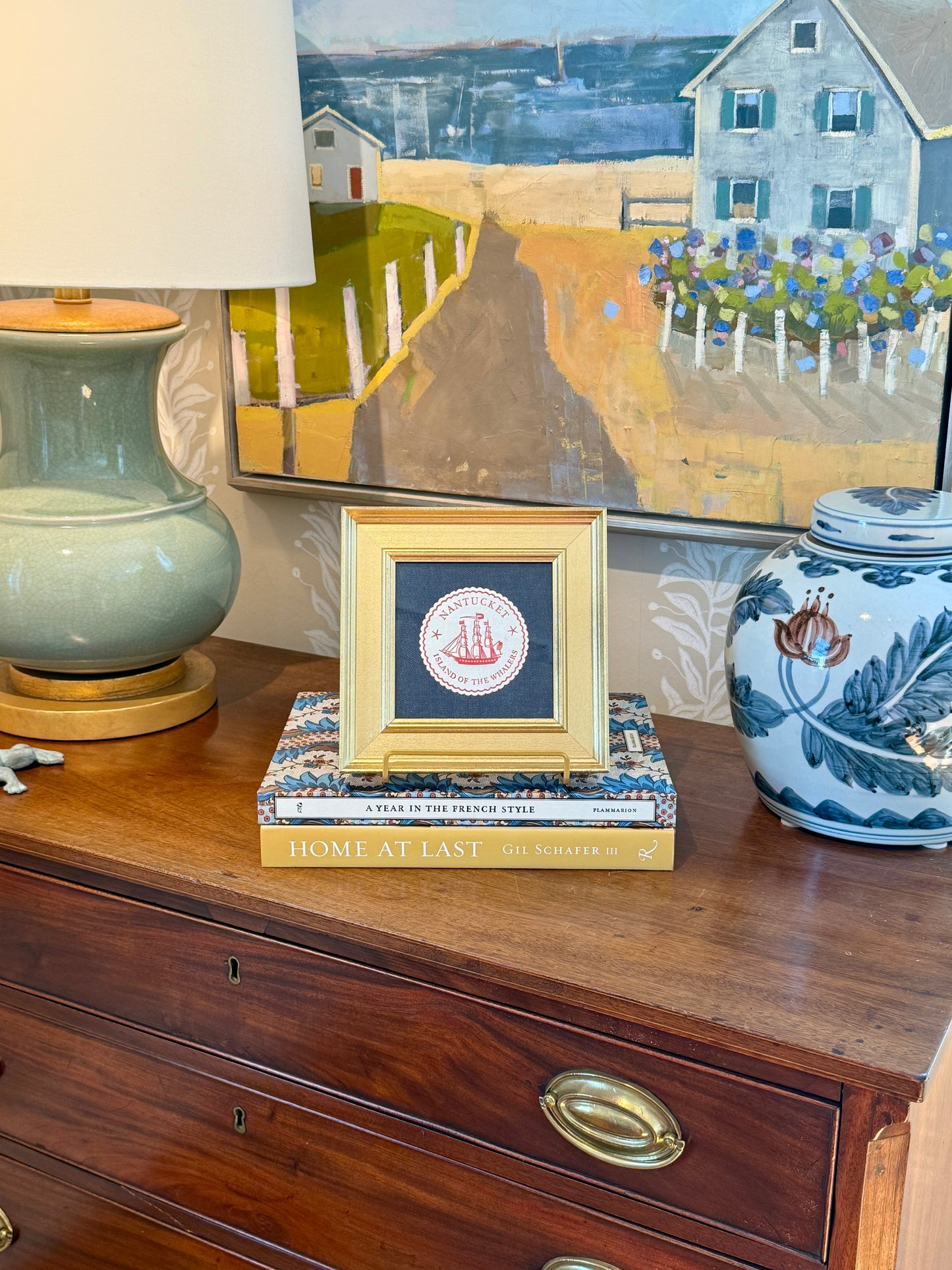 Nantucket Island of the Whalers Vintage 1950s Cocktail Napkin on Dark Chambray in Gold Frame
