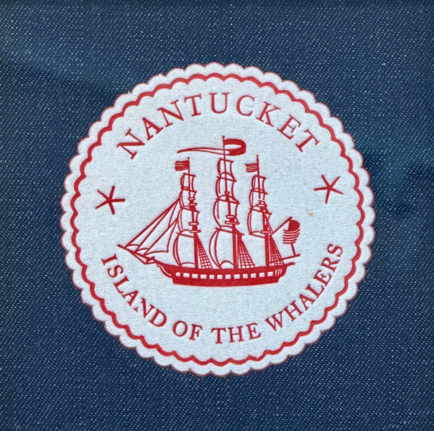 Nantucket Island of the Whalers Vintage 1950s Cocktail Napkin on Dark Chambray in Gold Frame