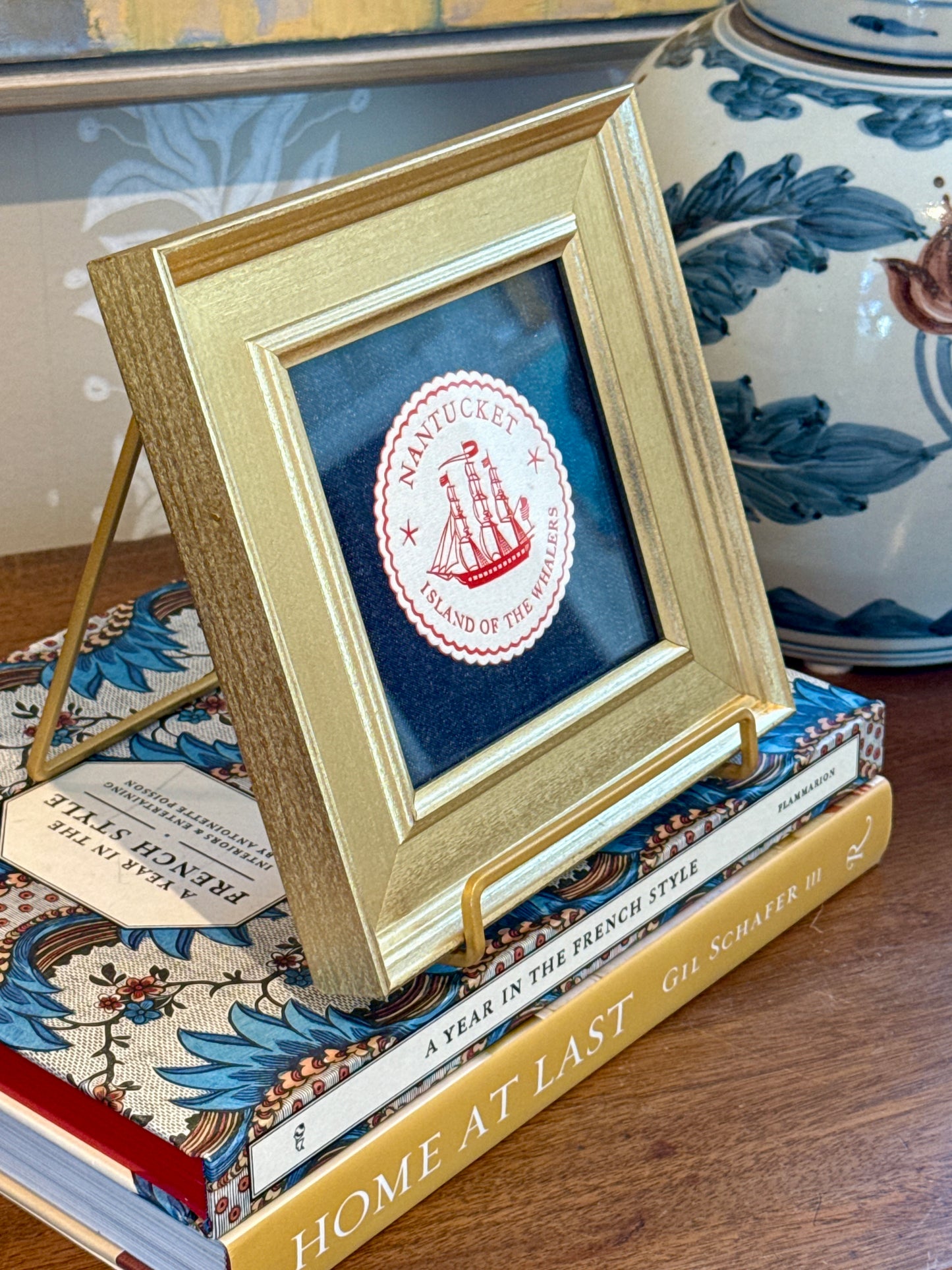 Nantucket Island of the Whalers Vintage 1950s Cocktail Napkin on Dark Chambray in Gold Frame