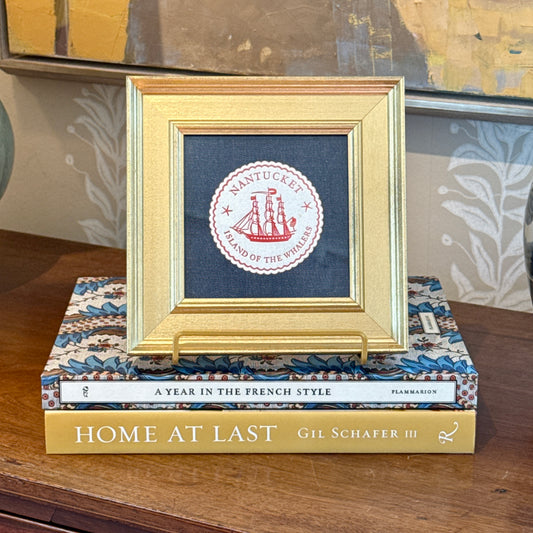 Nantucket Island of the Whalers Vintage 1950s Cocktail Napkin on Dark Chambray in Gold Frame