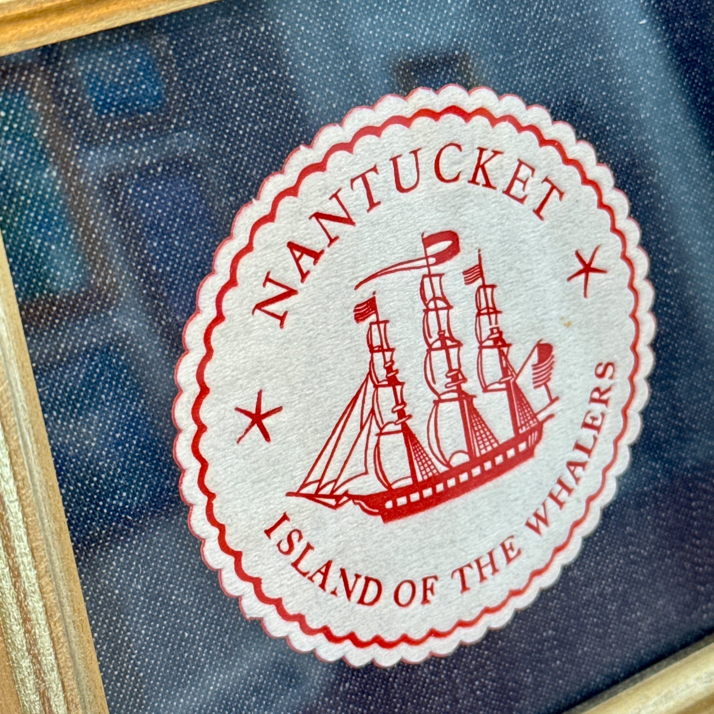 Nantucket Island of the Whalers Vintage 1950s Cocktail Napkin on Dark Chambray in Gold Frame