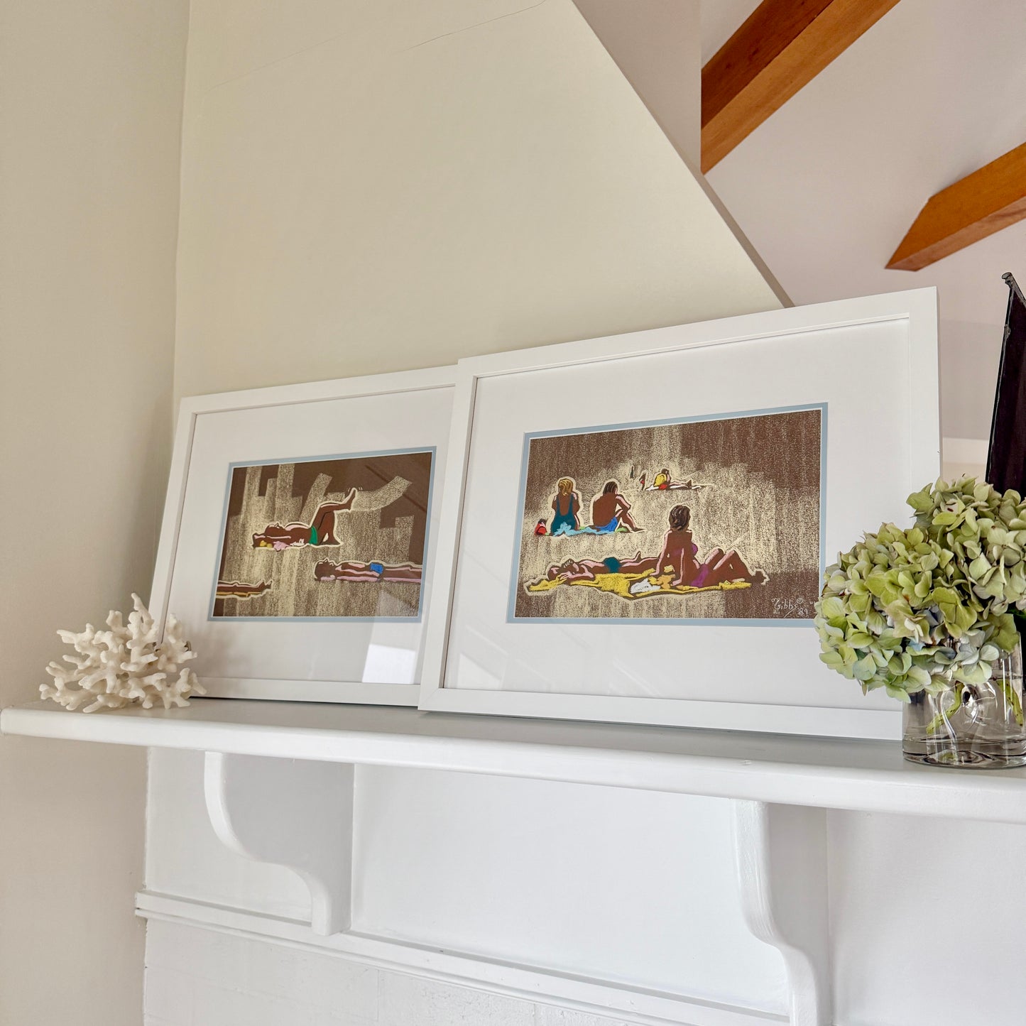 Pair of 1980s Colorful Sunbathers Beach Pastels in White Frames