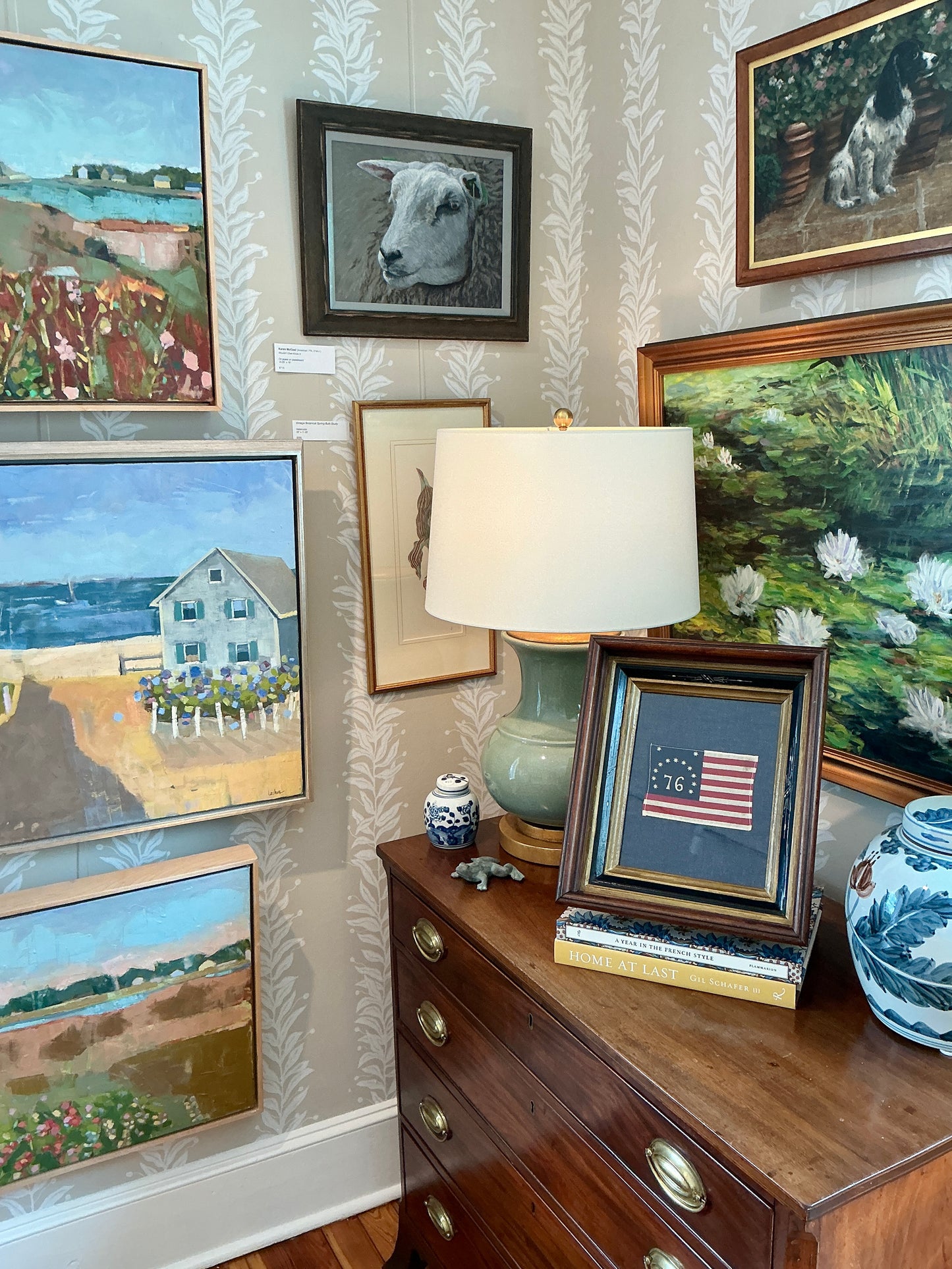 Vintage Bicentennial Bennington 13 Star American Flag on Dark Chambray in Deep 19th Century Walnut and Gilded Frame