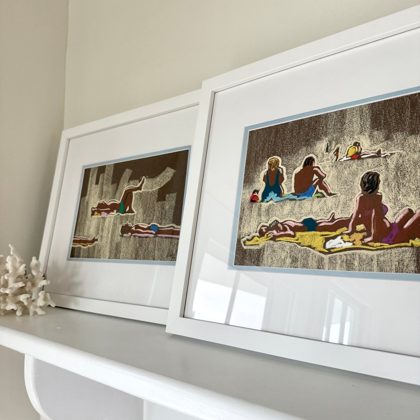 Pair of 1980s Colorful Sunbathers Beach Pastels in White Frames