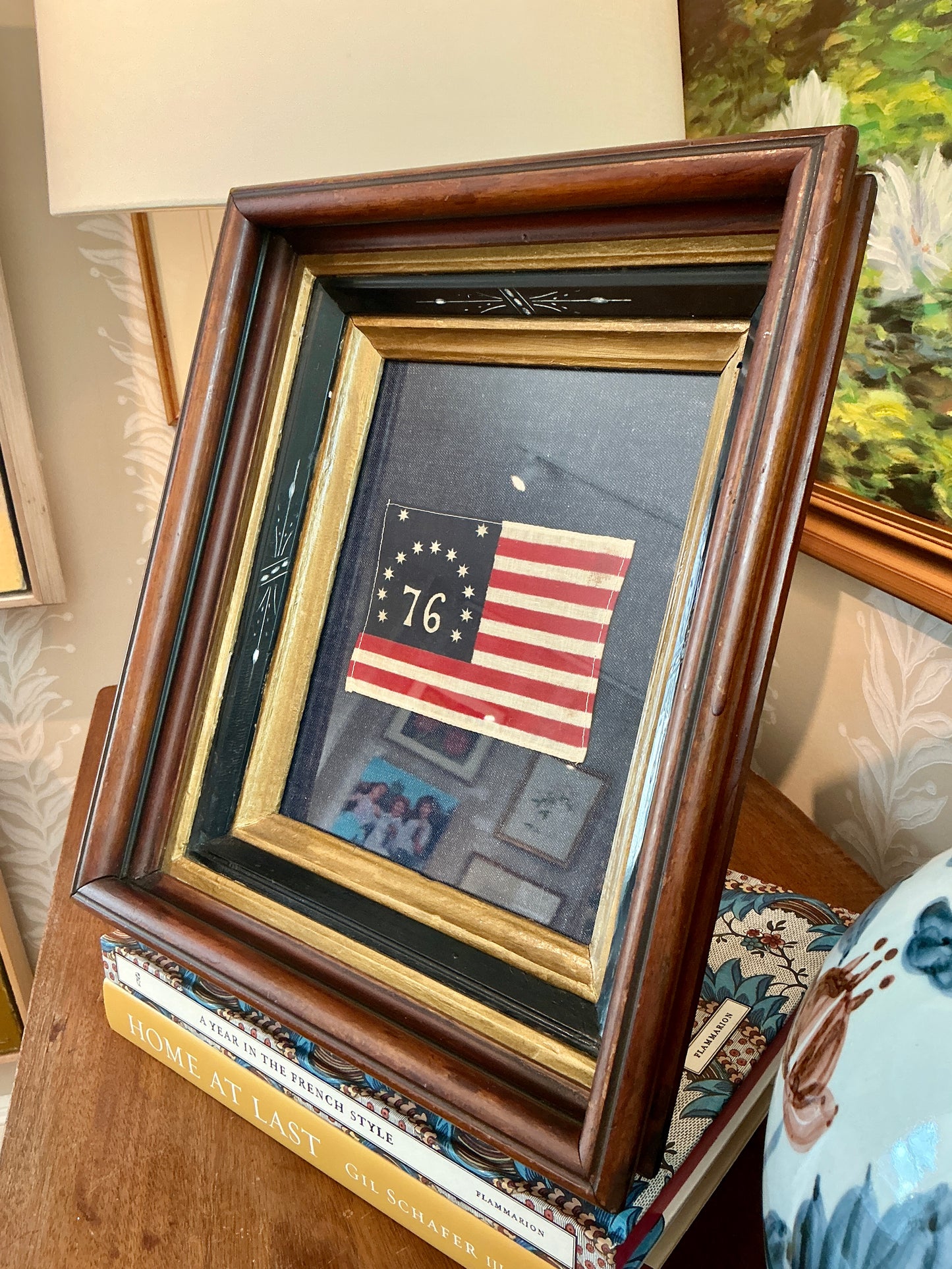 Vintage Bicentennial Bennington 13 Star American Flag on Dark Chambray in Deep 19th Century Walnut and Gilded Frame