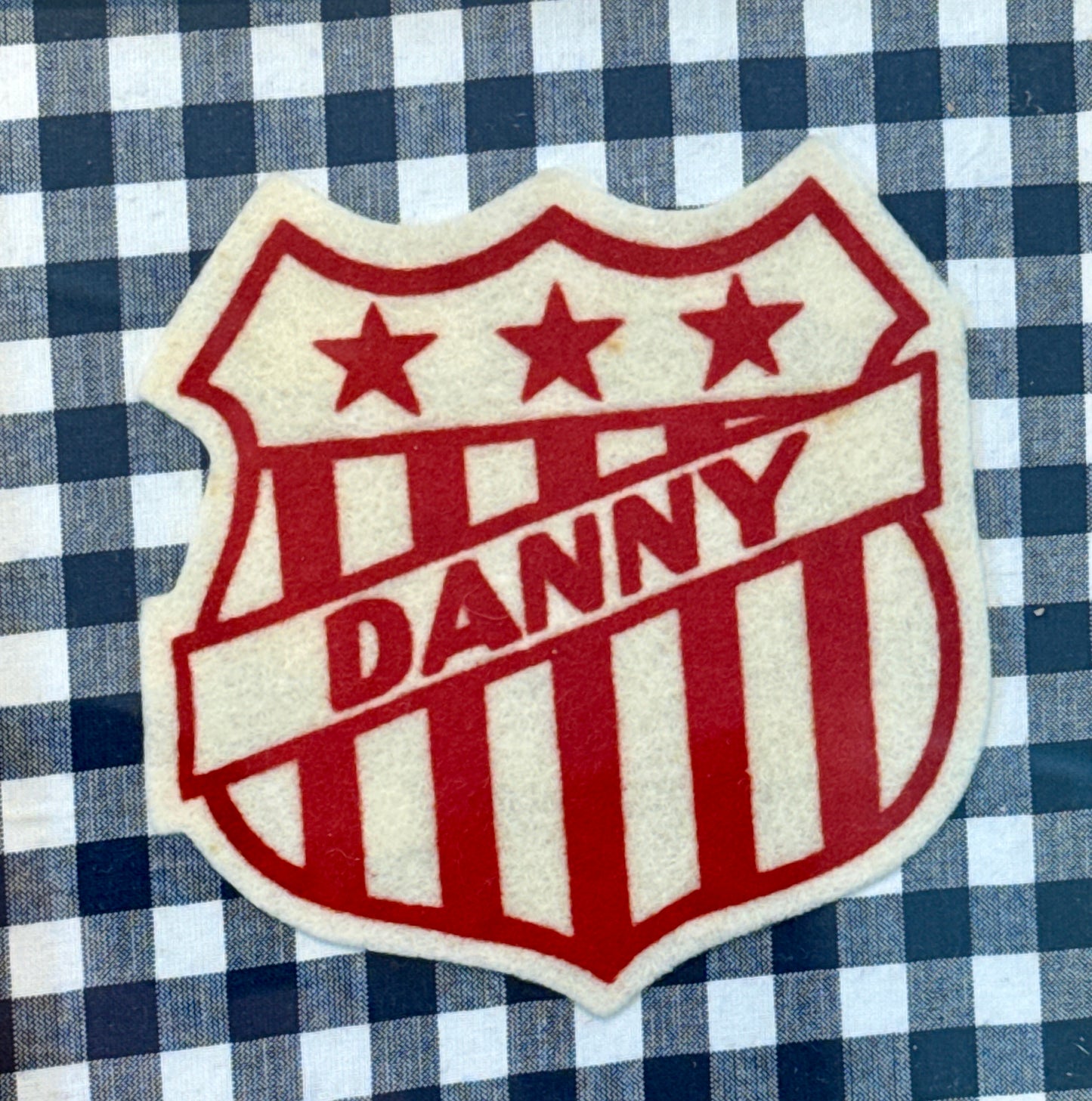Vintage Varsity Jacket Danny Name Patch on Navy Gingham in Gold Frame