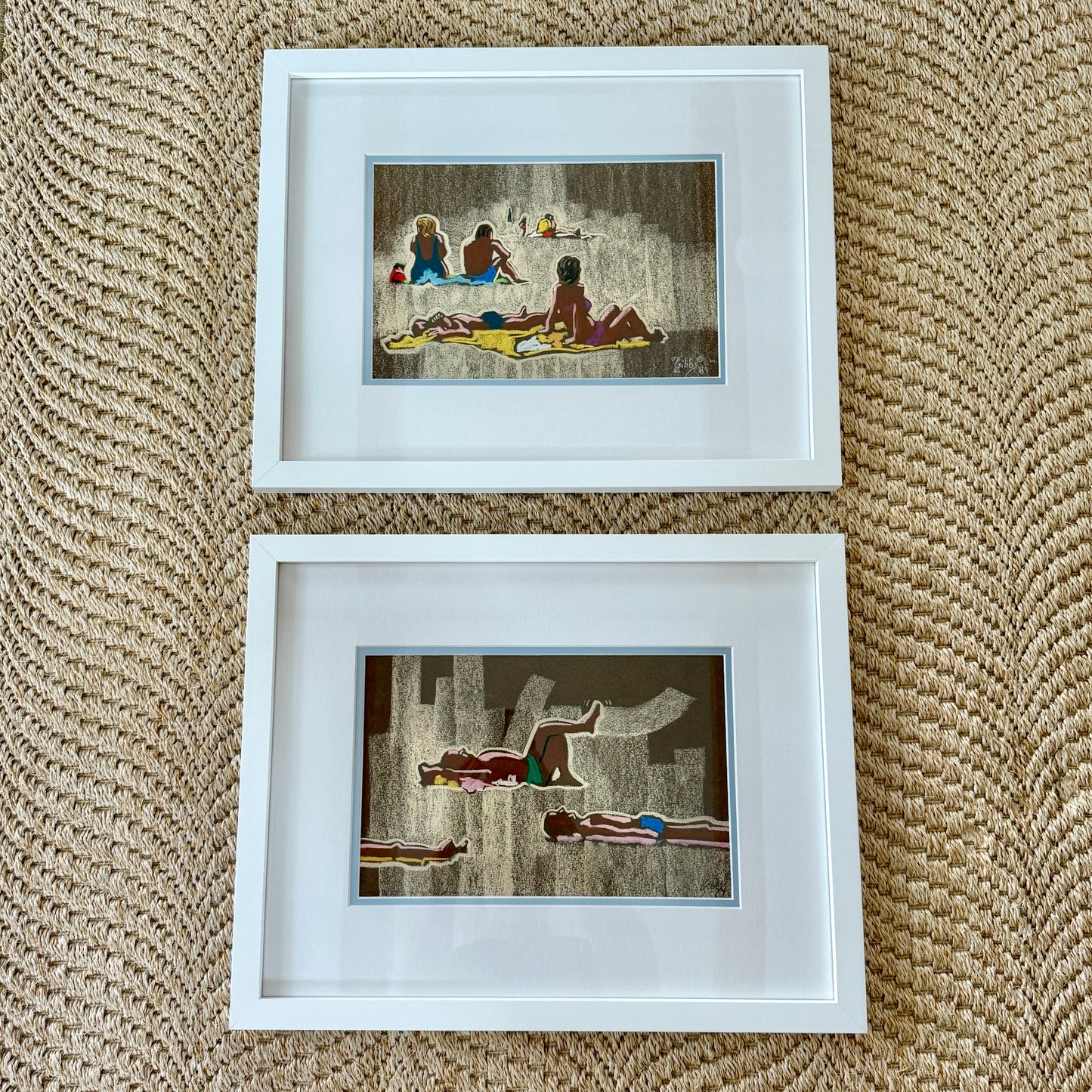 Pair of 1980s Colorful Sunbathers Beach Pastels in White Frames