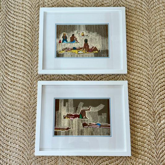 Pair of 1980s Colorful Sunbathers Beach Pastels in White Frames