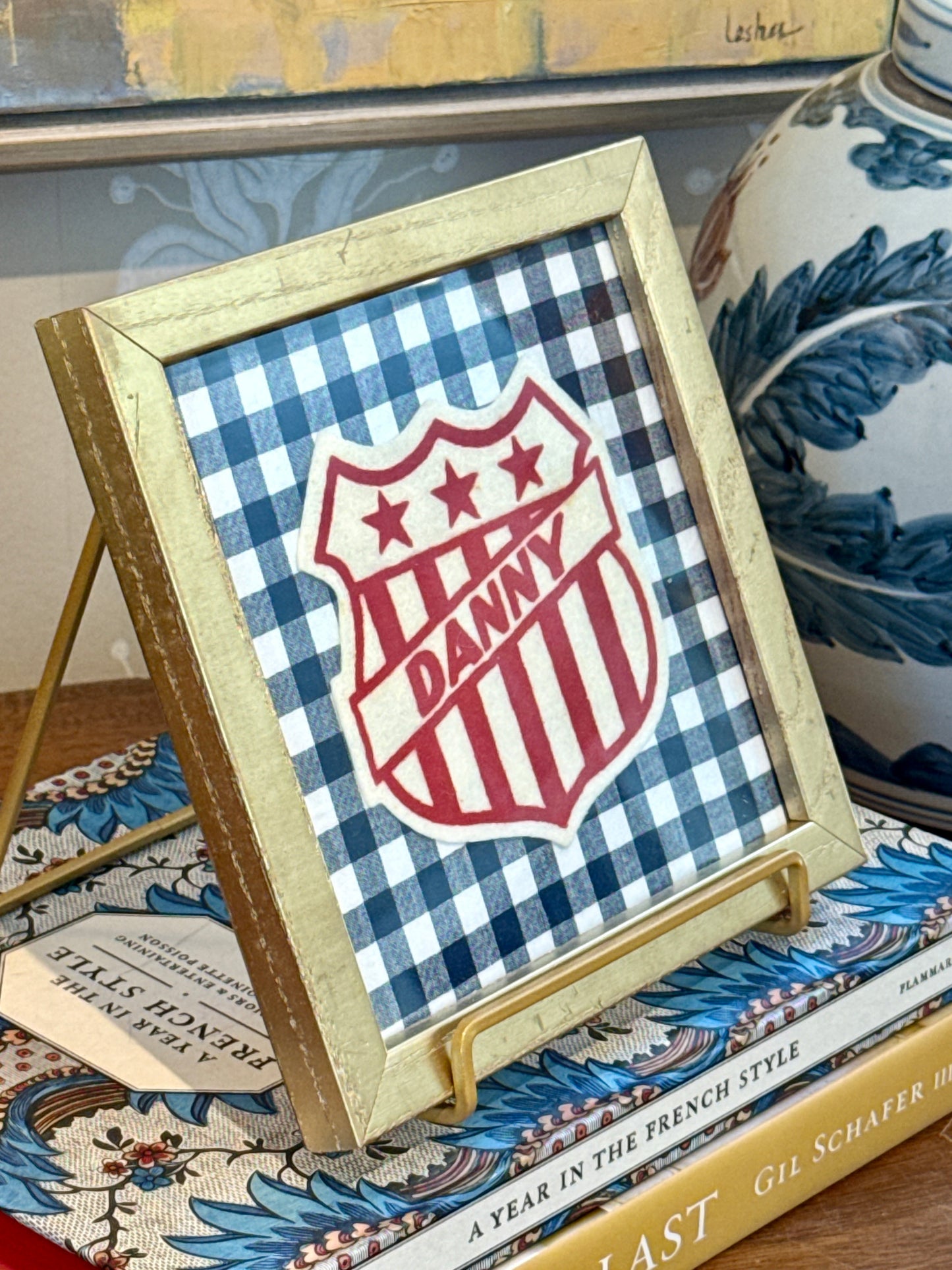 Vintage Varsity Jacket Danny Name Patch on Navy Gingham in Gold Frame
