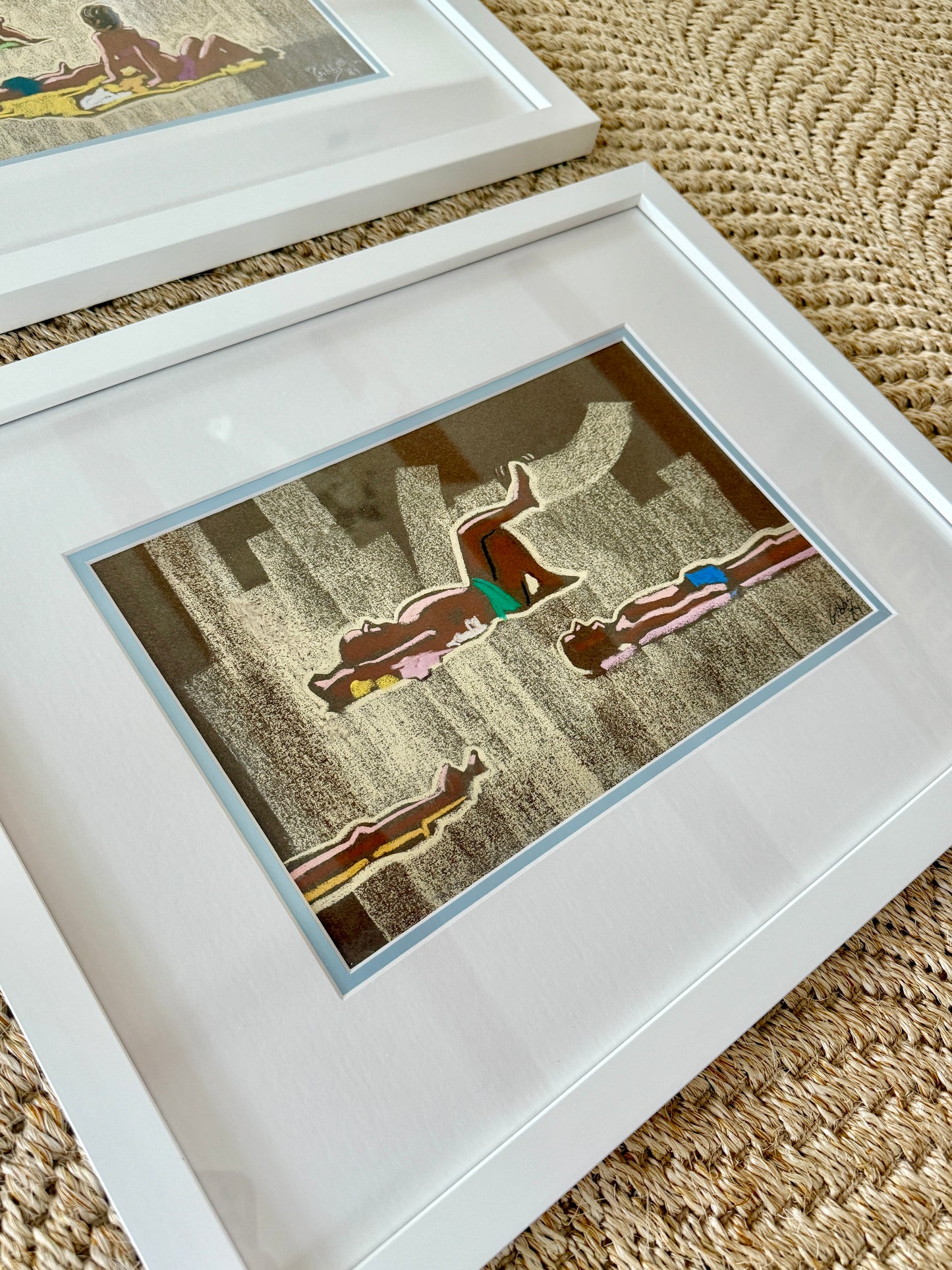 Pair of 1980s Colorful Sunbathers Beach Pastels in White Frames