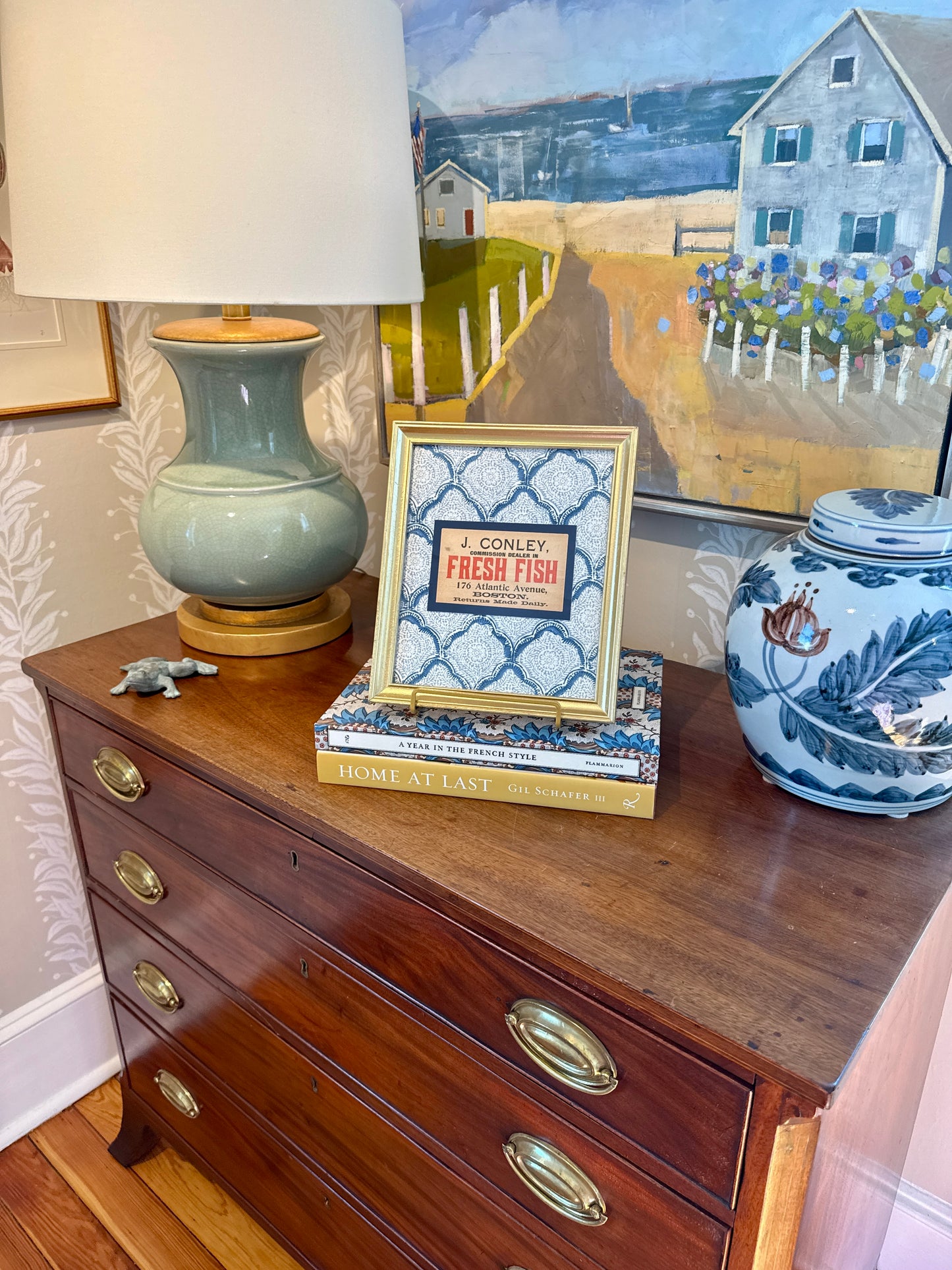 Fresh Fish Early 20th Century Boston Fishmonger's Tag on Blue Kravet Trellis Fabric in Gold Frame