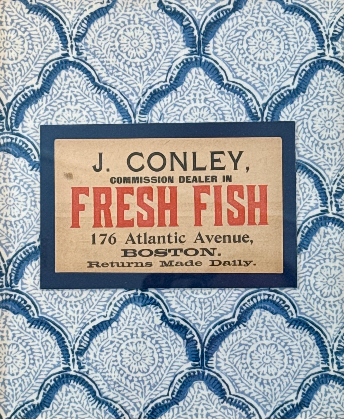 Fresh Fish Early 20th Century Boston Fishmonger's Tag on Blue Kravet Trellis Fabric in Gold Frame