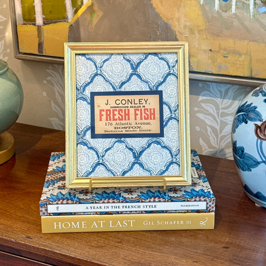 Fresh Fish Early 20th Century Boston Fishmonger's Tag on Blue Kravet Trellis Fabric in Gold Frame