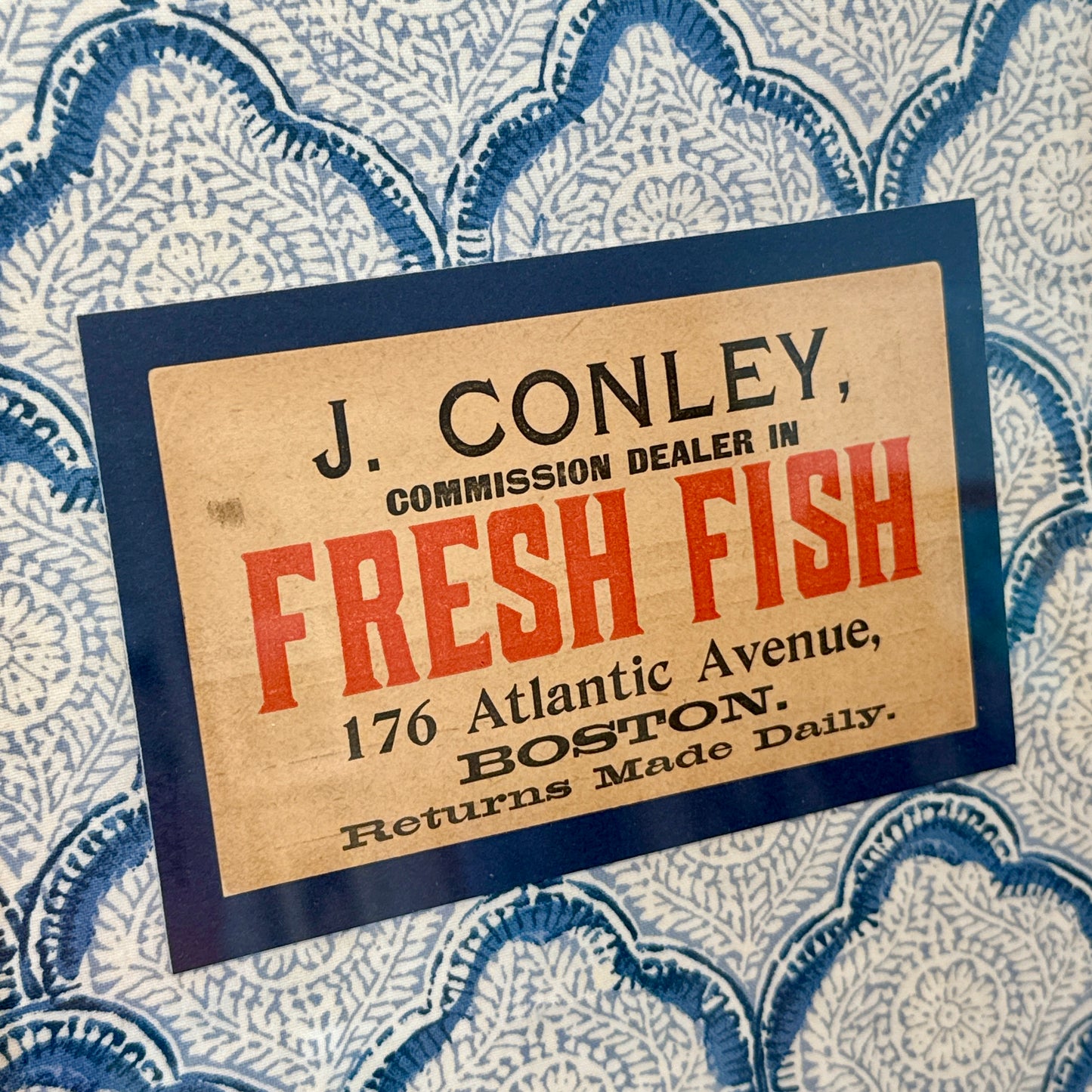 Fresh Fish Early 20th Century Boston Fishmonger's Tag on Blue Kravet Trellis Fabric in Gold Frame