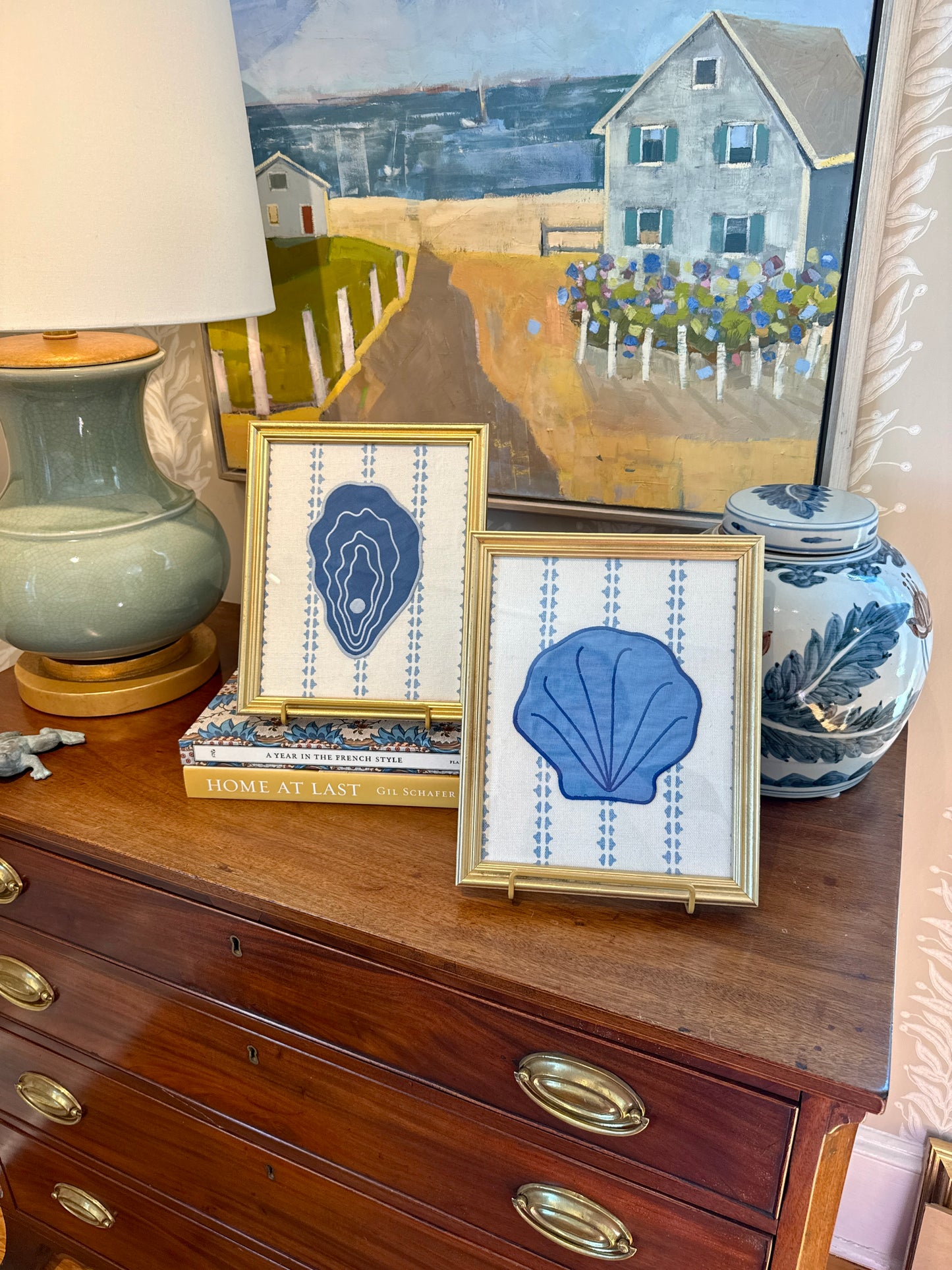 Embroidered Linen Oyster and Scallop Shell Pair on Blue Stripes in Vintage Gold Frames