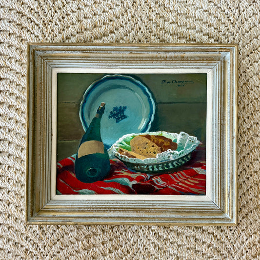 Bertrand Edouard de Champeaux French Tabletop Still Life Armagnac and Blue and White Plate Oil Painting in Gold Frame