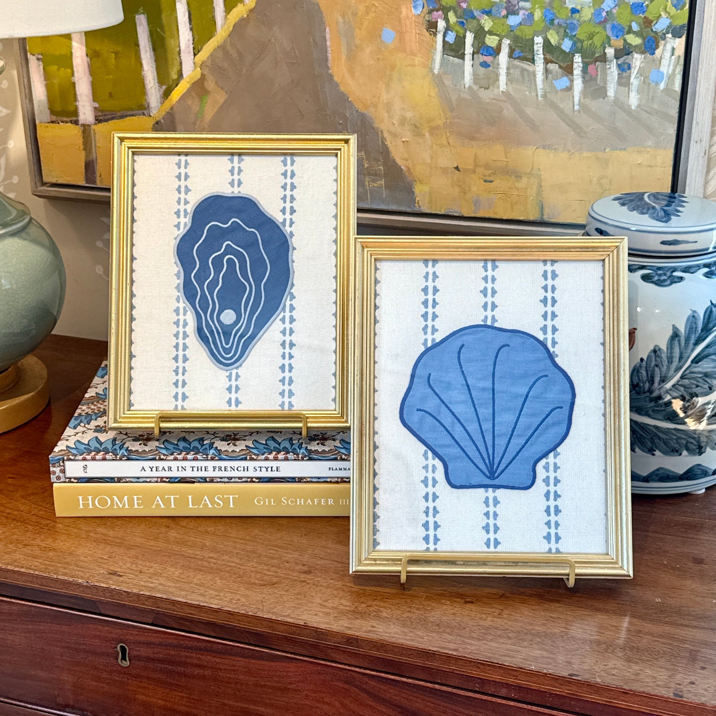 Embroidered Linen Oyster and Scallop Shell Pair on Blue Stripes in Vintage Gold Frames