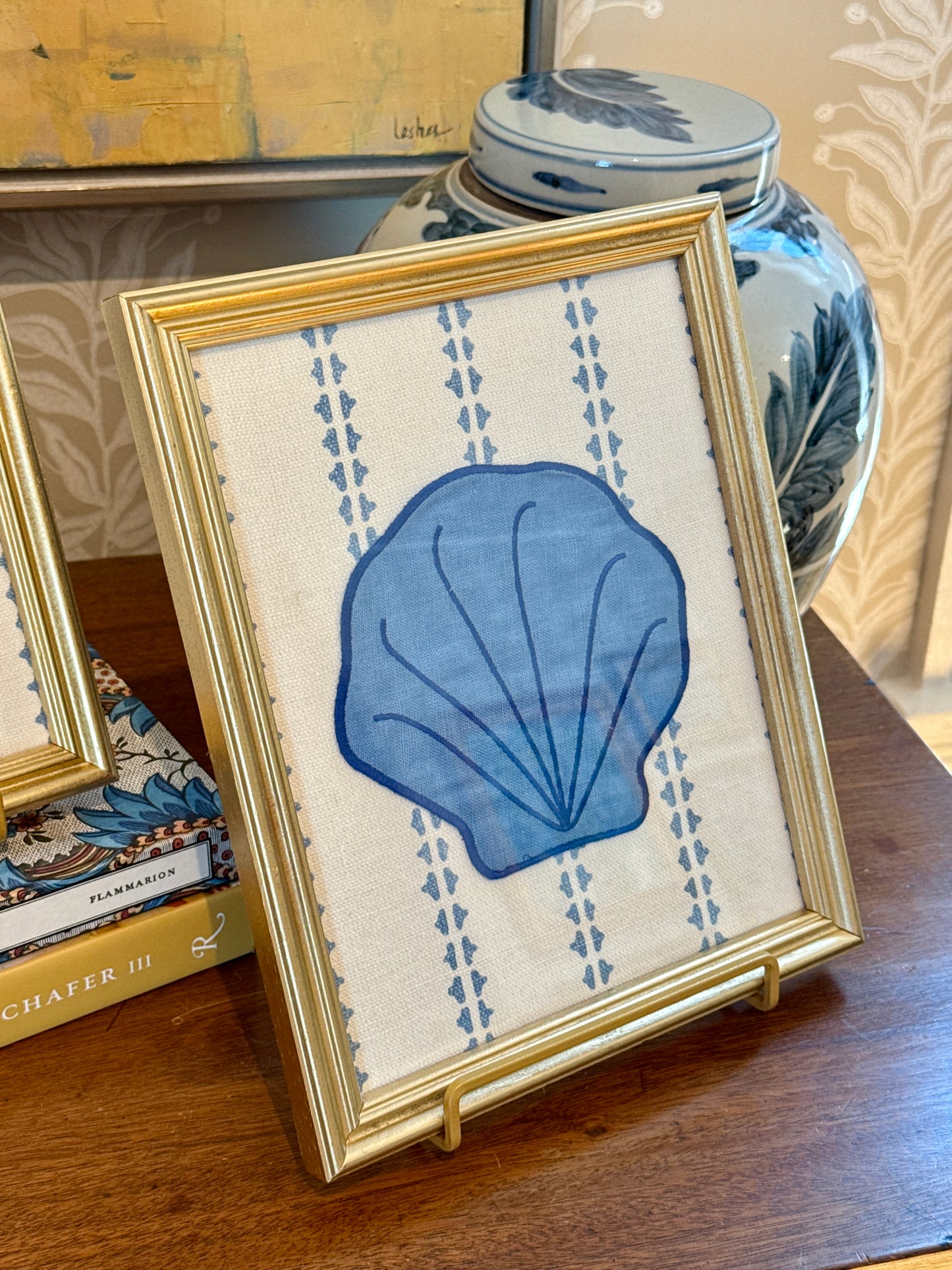 Embroidered Linen Oyster and Scallop Shell Pair on Blue Stripes in Vintage Gold Frames