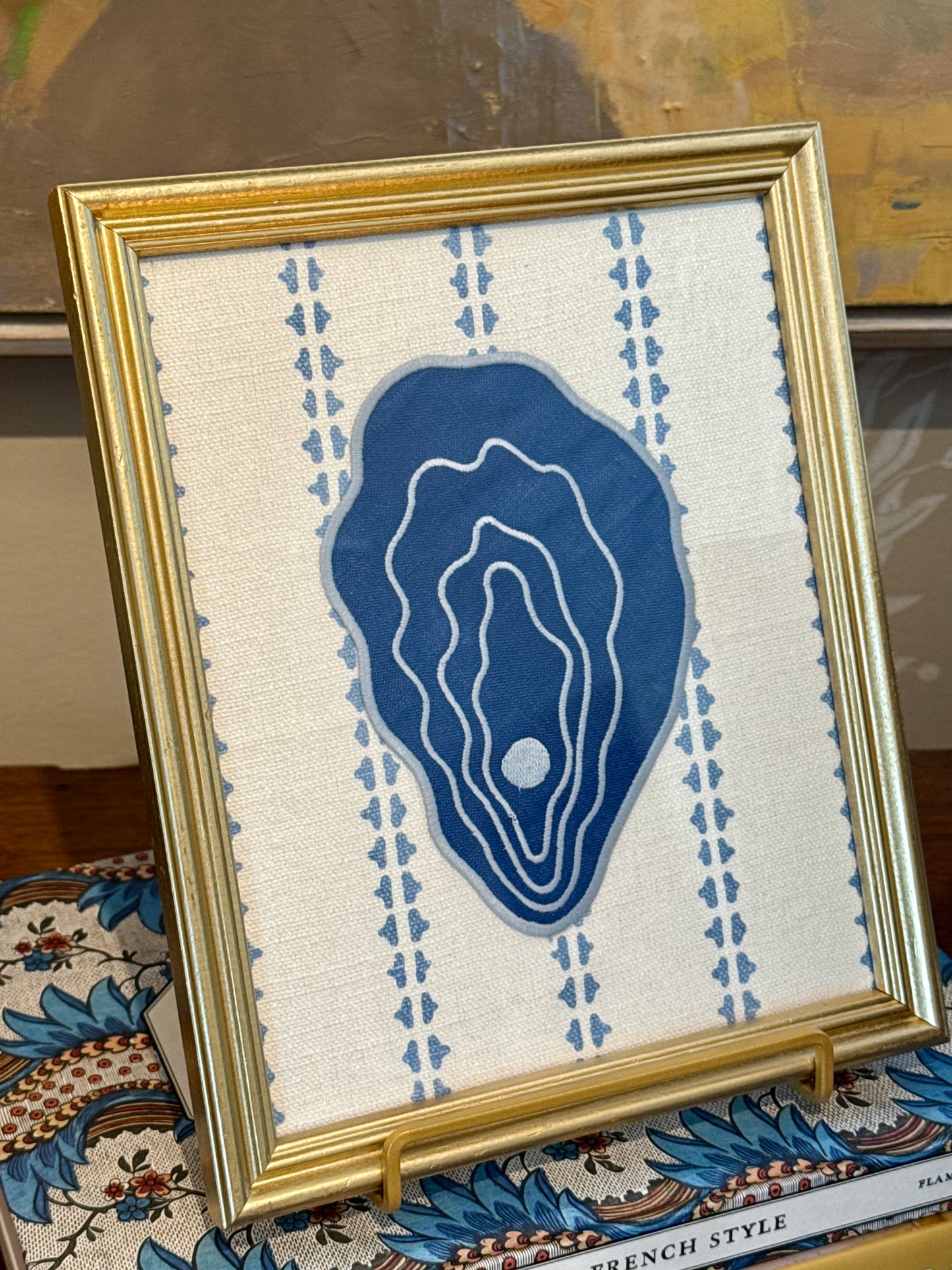 Embroidered Linen Oyster and Scallop Shell Pair on Blue Stripes in Vintage Gold Frames