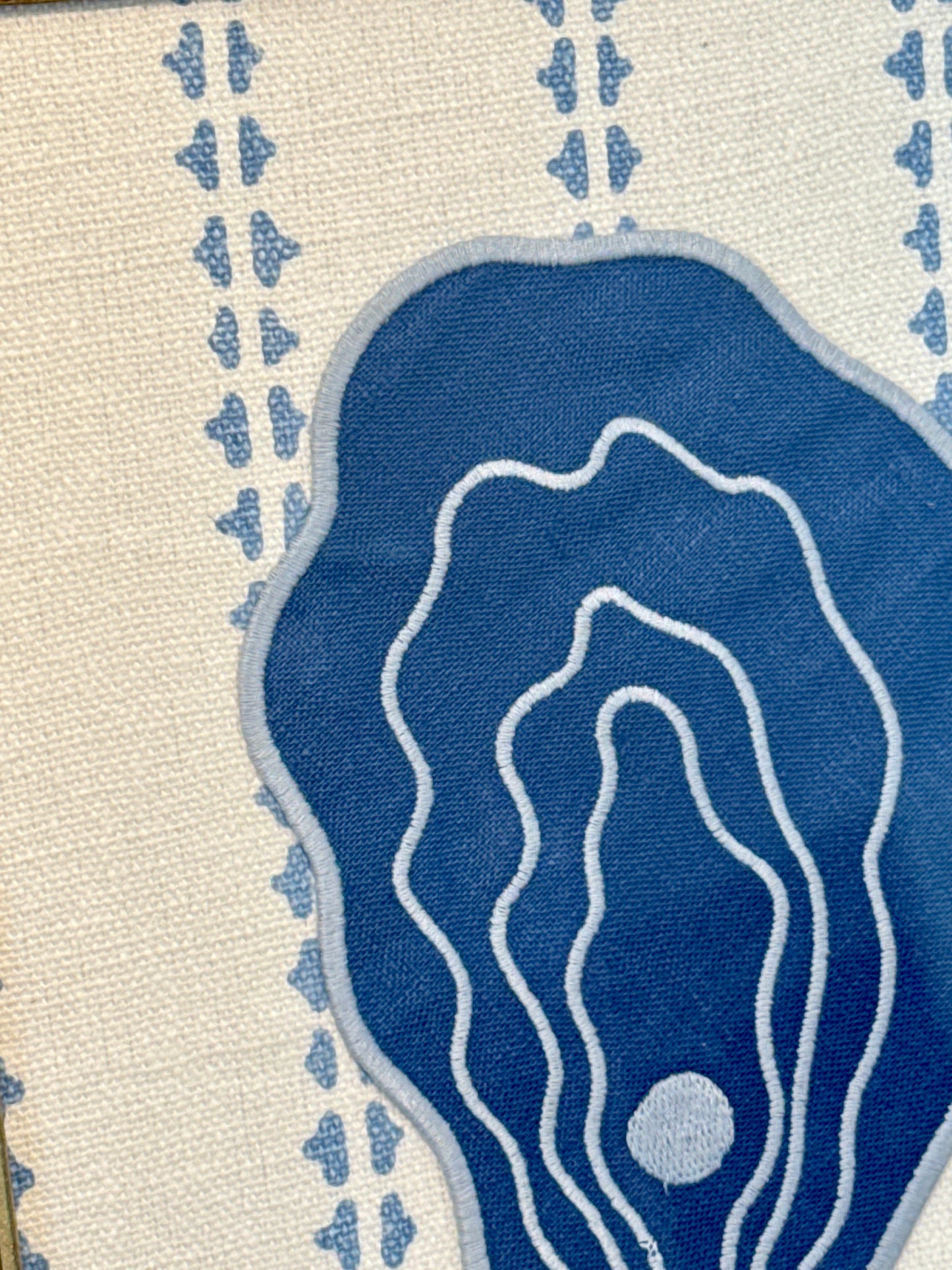 Embroidered Linen Oyster and Scallop Shell Pair on Blue Stripes in Vintage Gold Frames