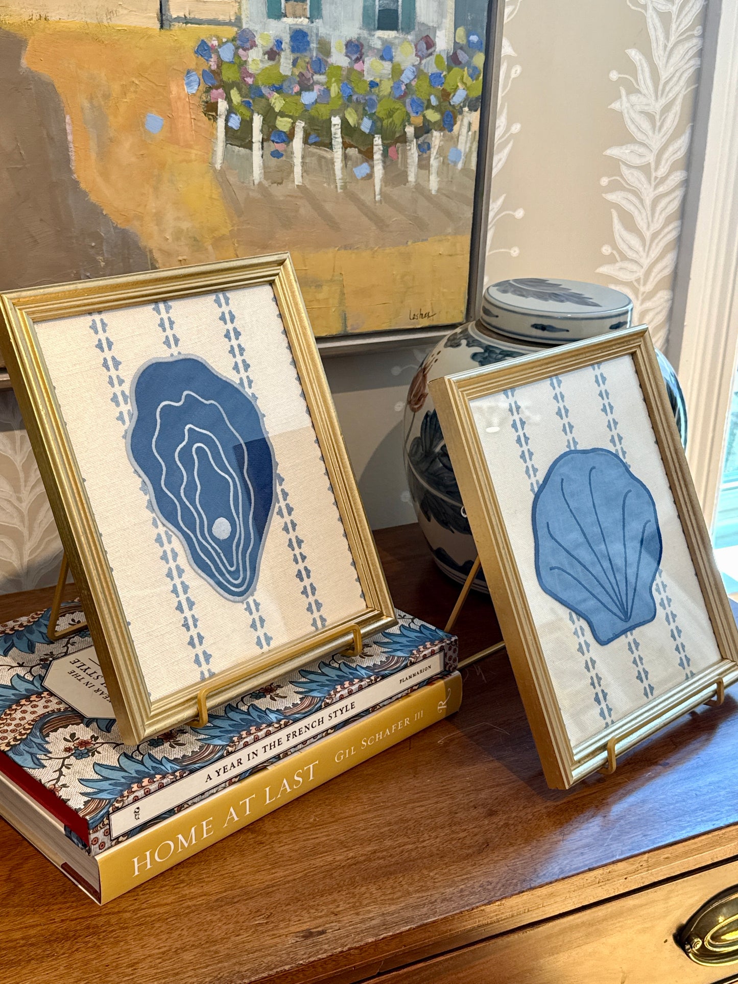 Embroidered Linen Oyster and Scallop Shell Pair on Blue Stripes in Vintage Gold Frames