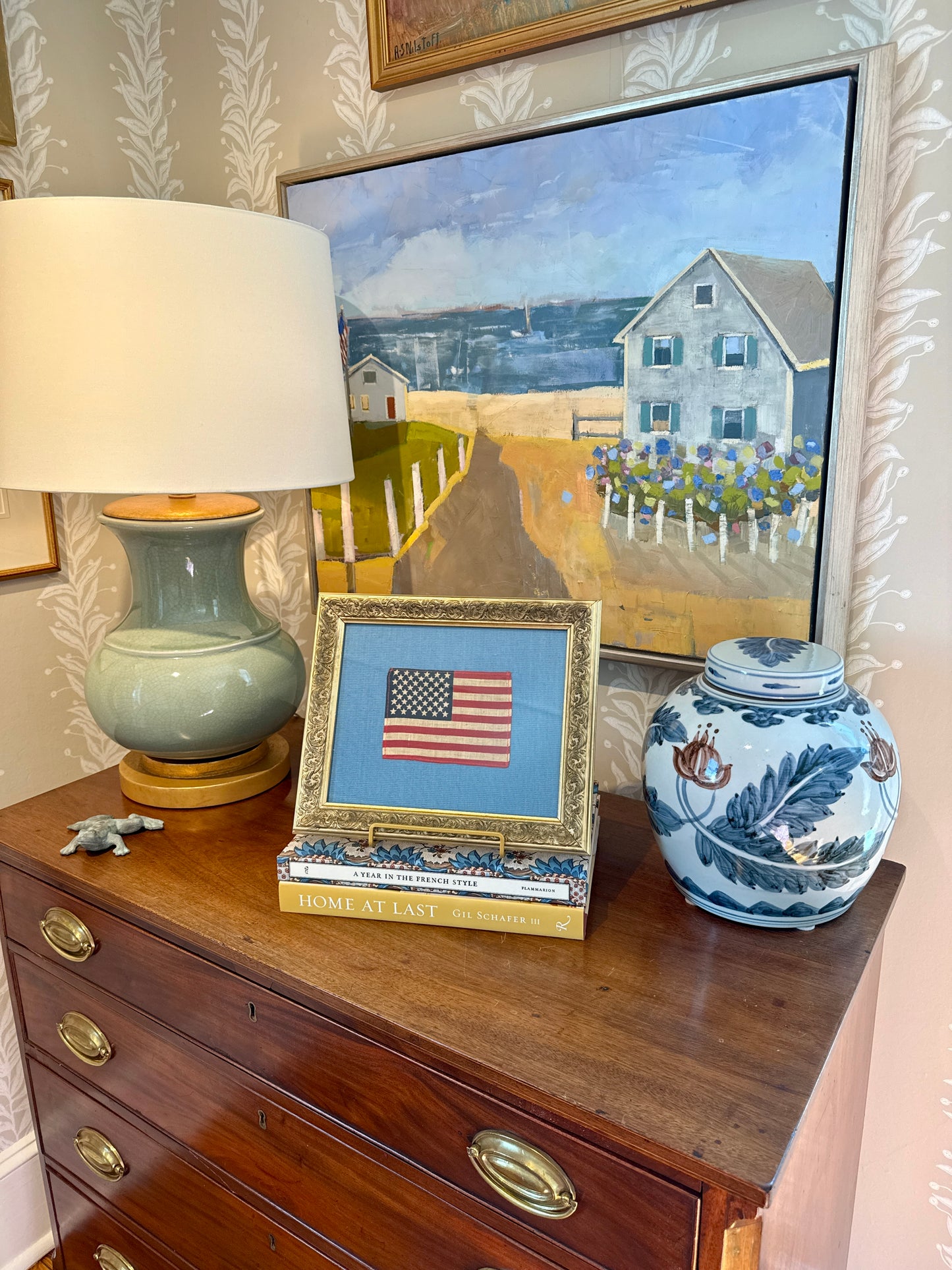 Vintage 50 Star American Flag on Light Blue Twill in Ornate Gold Frame