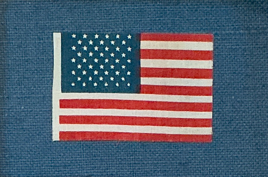 Vintage 50 Star American Parade Flag on Dark Blue Linen in Ornate Wood Frame
