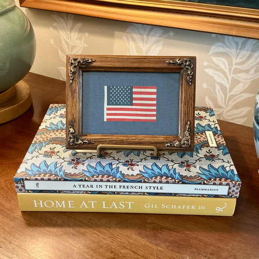 Vintage 50 Star American Parade Flag on Dark Blue Linen in Ornate Wood Frame