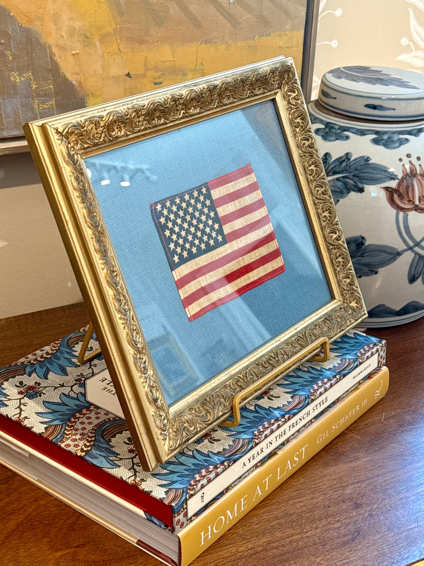 Vintage 50 Star American Flag on Light Blue Twill in Ornate Gold Frame