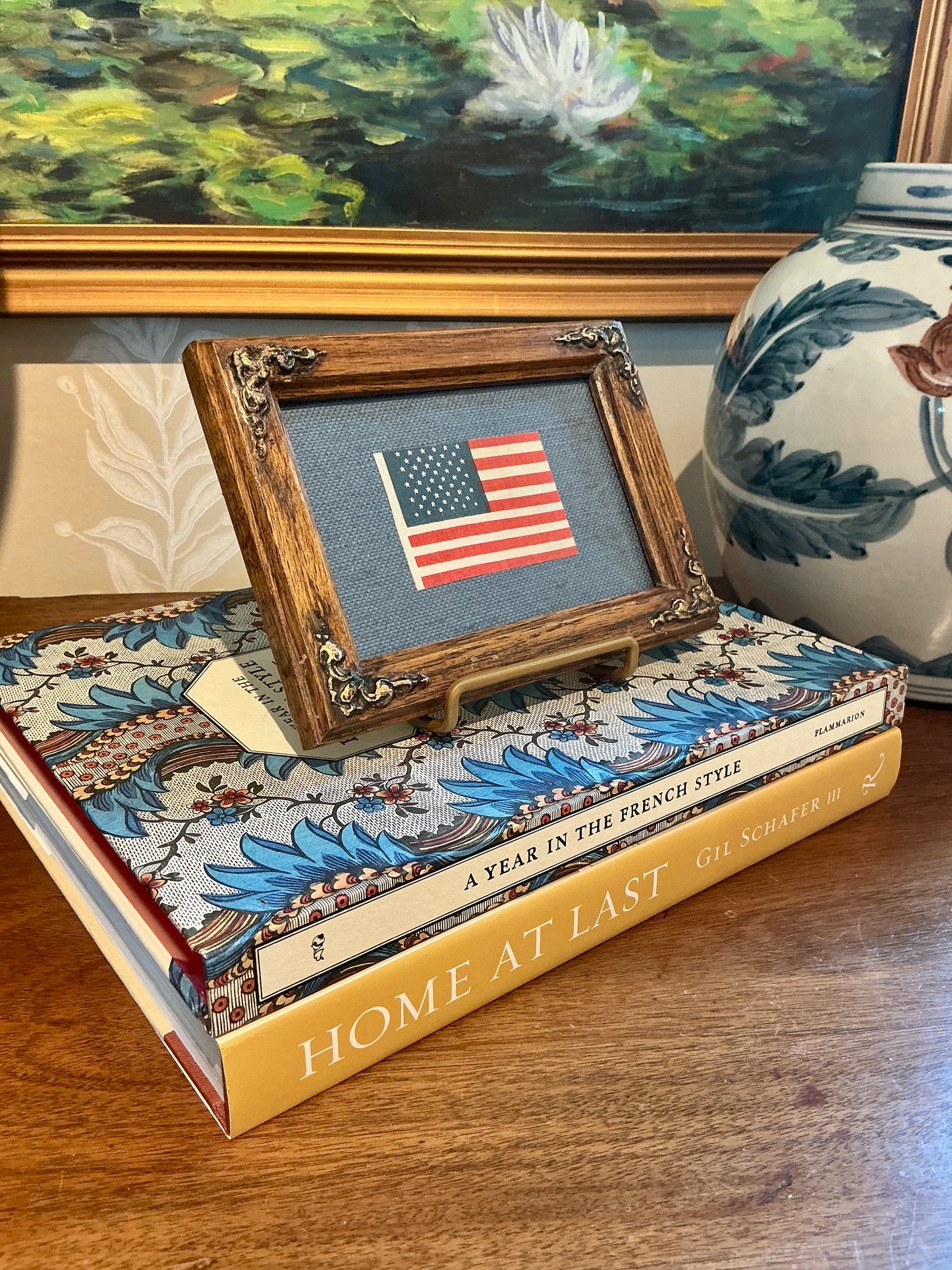 Vintage 50 Star American Parade Flag on Dark Blue Linen in Ornate Wood Frame