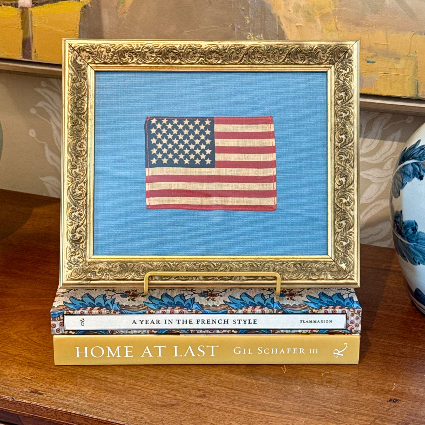 Vintage 50 Star American Flag on Light Blue Twill in Ornate Gold Frame
