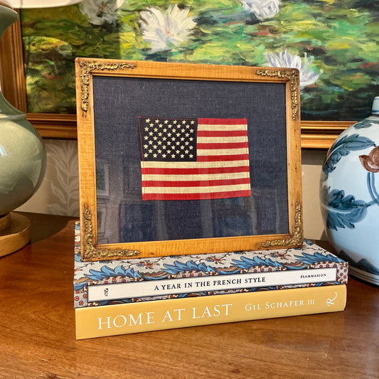 Vintage 50 Star American Parade Flag on Chambray in Antique Tiger Maple and Gilded Frame