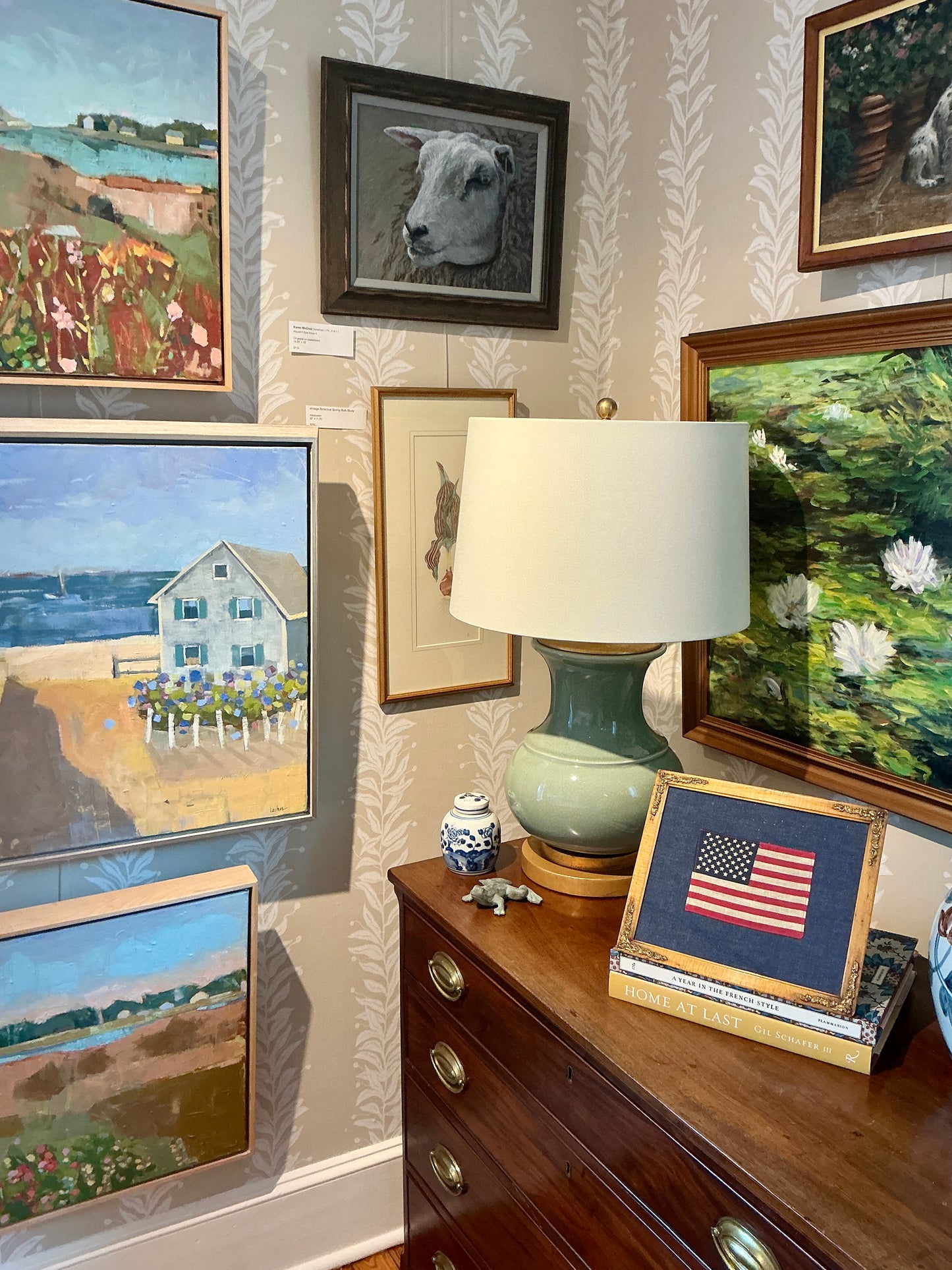 Vintage 50 Star American Parade Flag on Chambray in Antique Tiger Maple and Gilded Frame