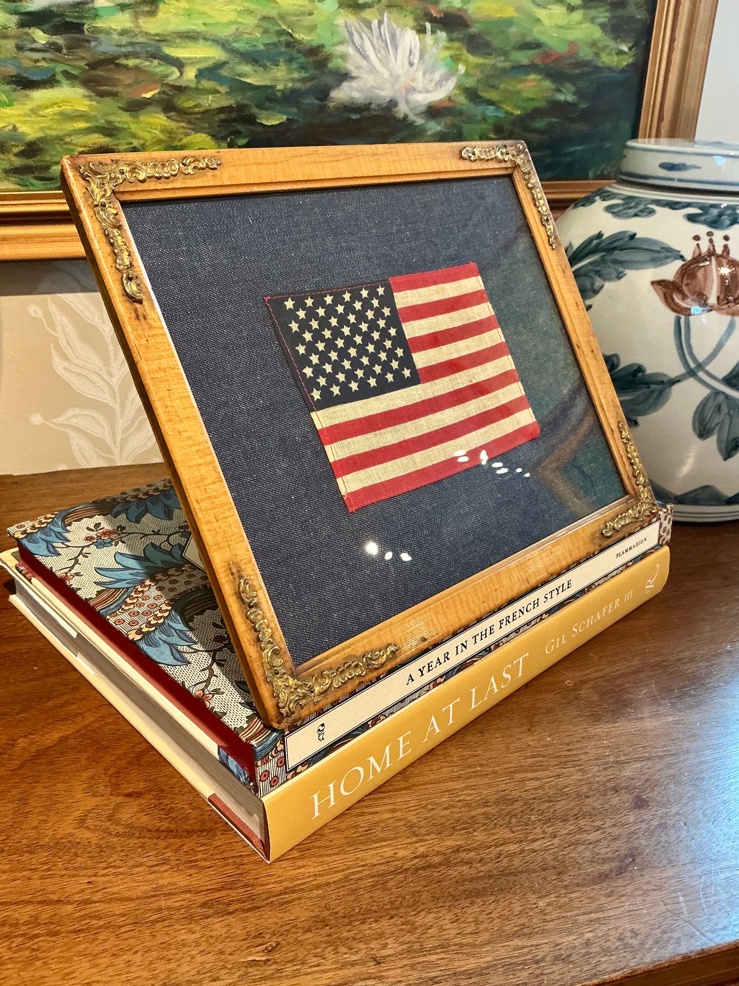 Vintage 50 Star American Parade Flag on Chambray in Antique Tiger Maple and Gilded Frame