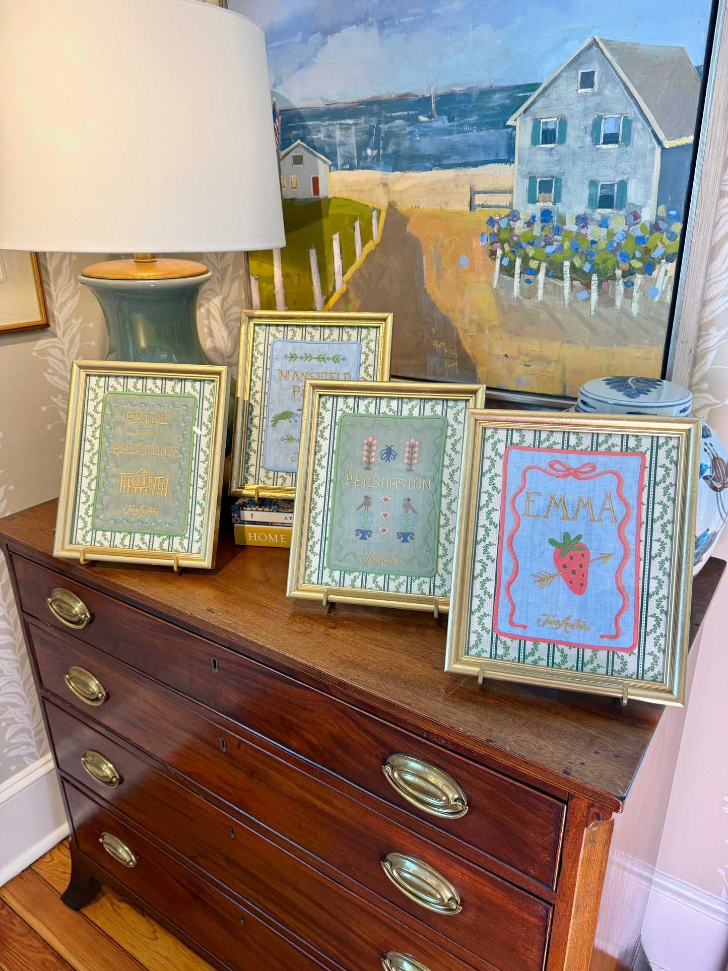 Jane Austen Novels Set of Four Emroidered Linen Books on Green Ivy Stripes in Gold Frames